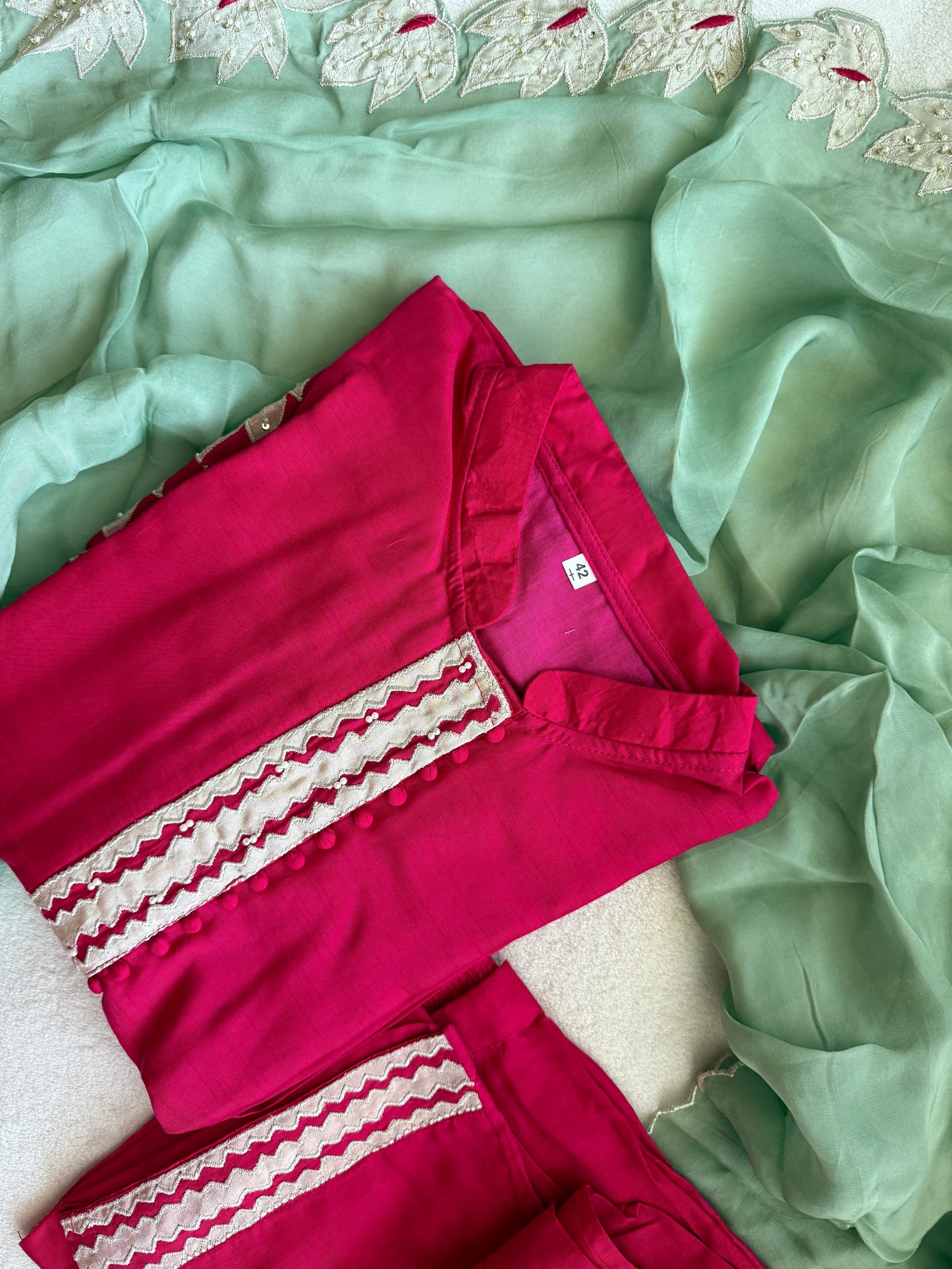 Pink applique straight cut kurti set with mint green applique cut work dupatta