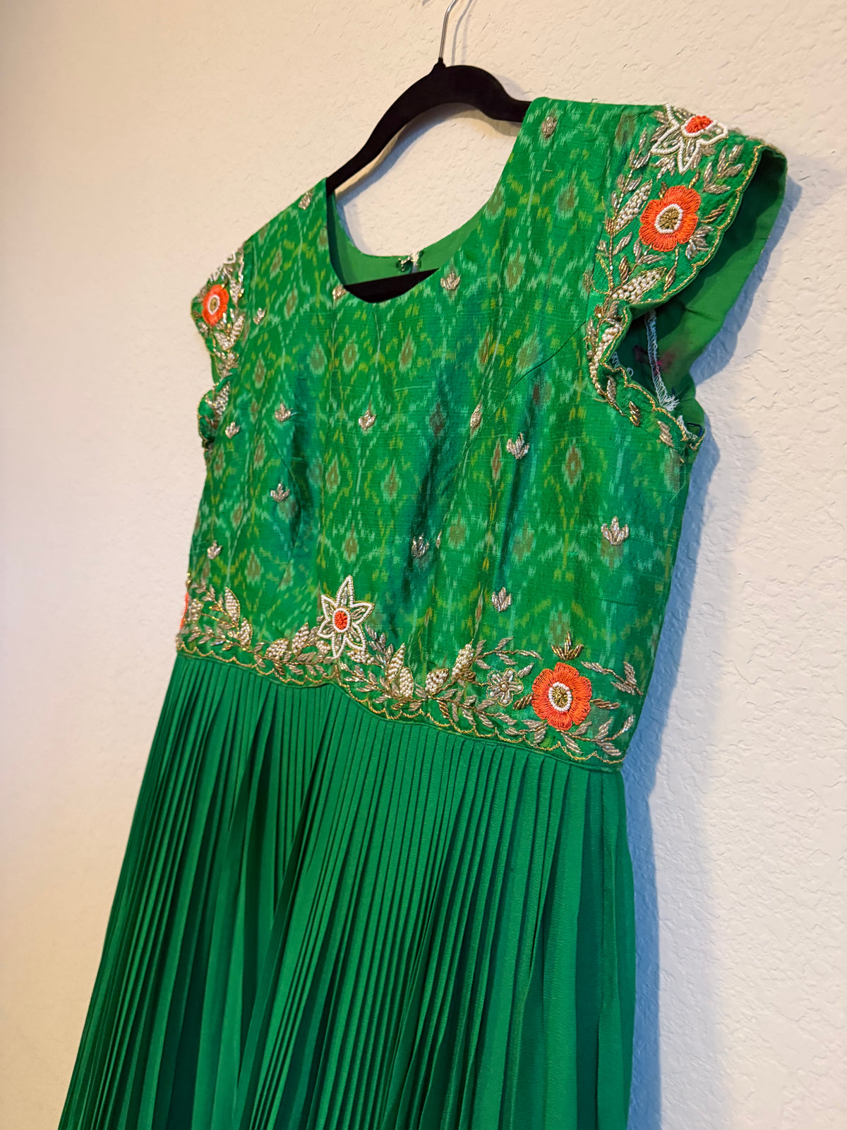 Green Raw Silk Ikkath Maggam Work Designer Long Dress with Short Sleeve
