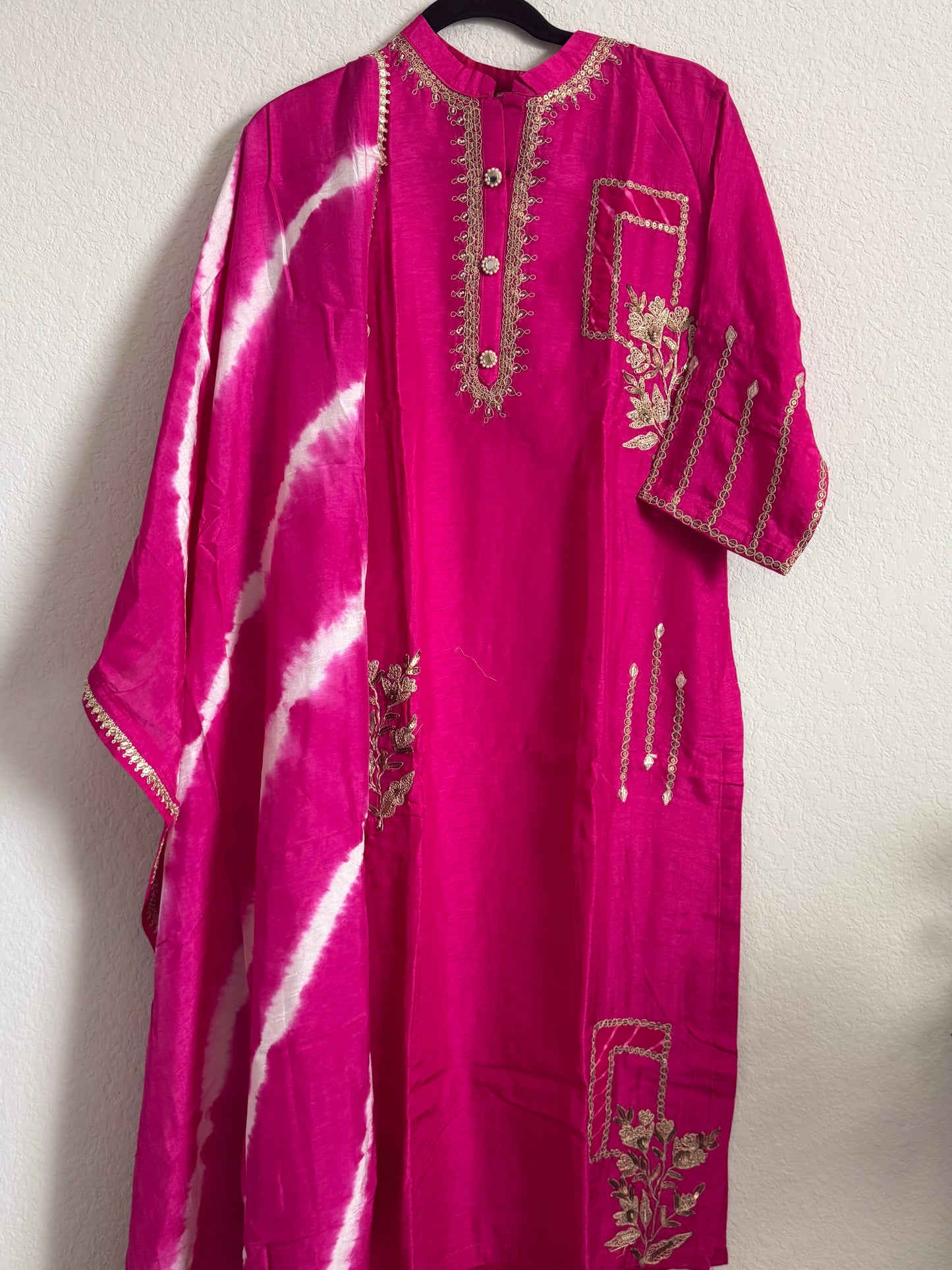 Pink Dola Silk Heavy Work Straight Cut Kurti Set with Leheriya Dupatta