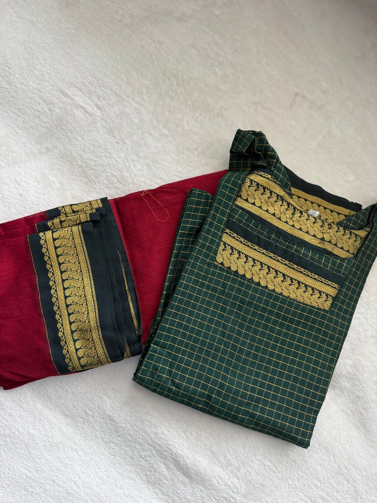 Green with Maroon Handloom Checks Top and Dupatta Set