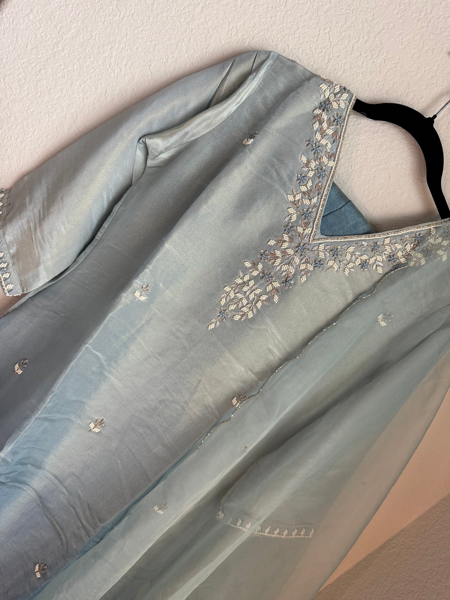 Sea blue pure tissue handwork butties A-line suit set