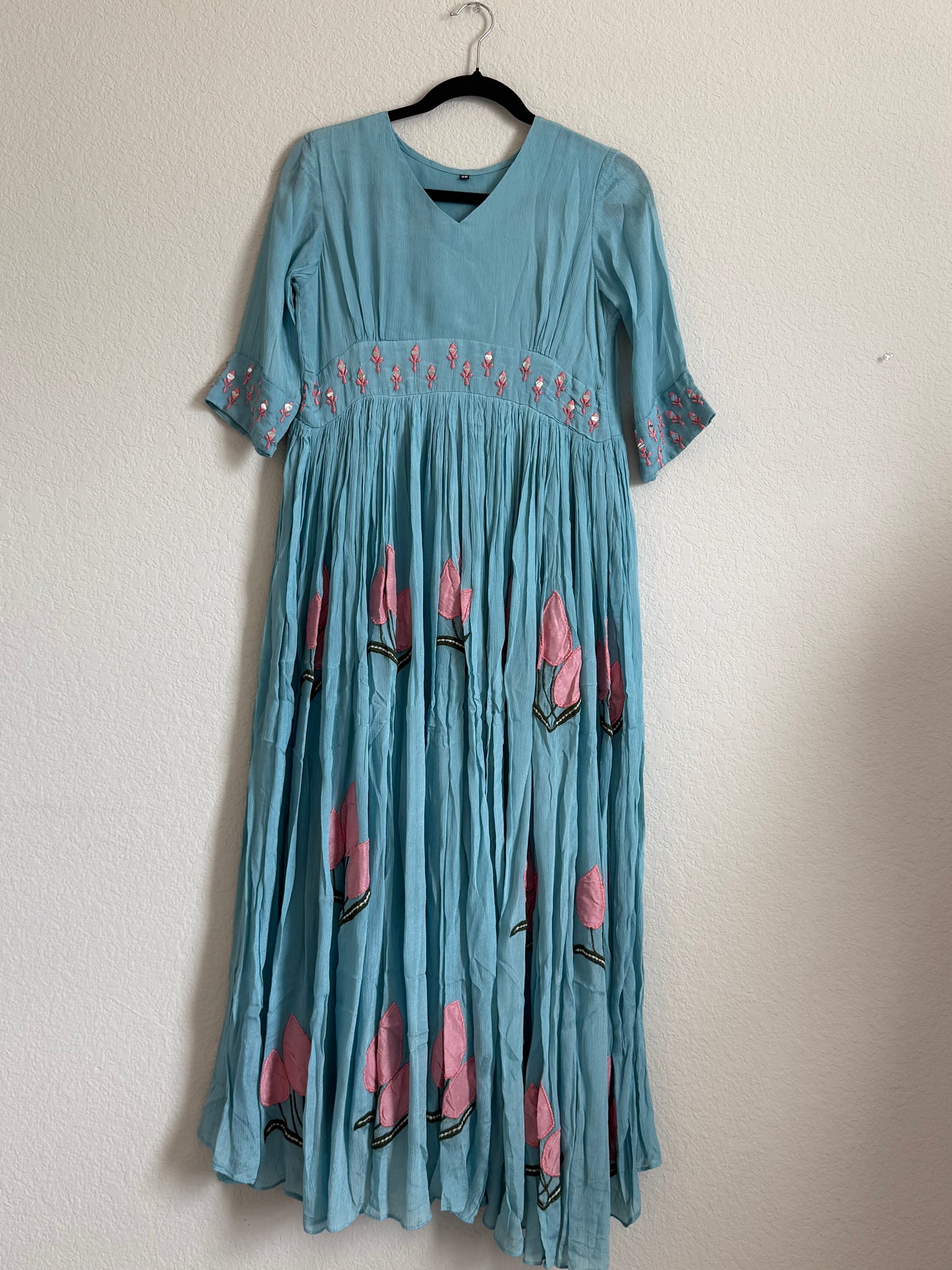 Powder Blue Mirror Work Chinnon Applique Tulips Tunic