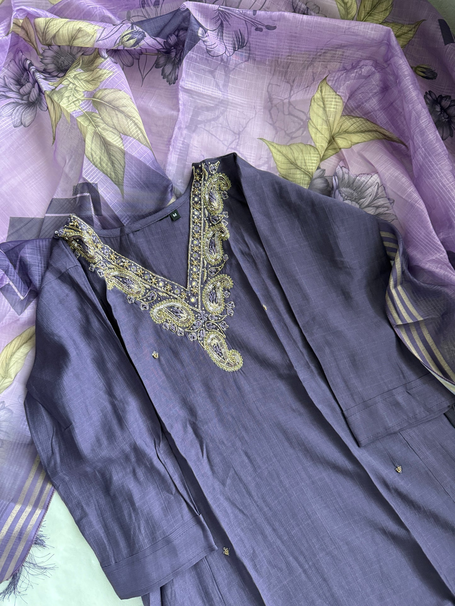Purple shade vatican silk handwork anarkali kurti set with floral dupatta
