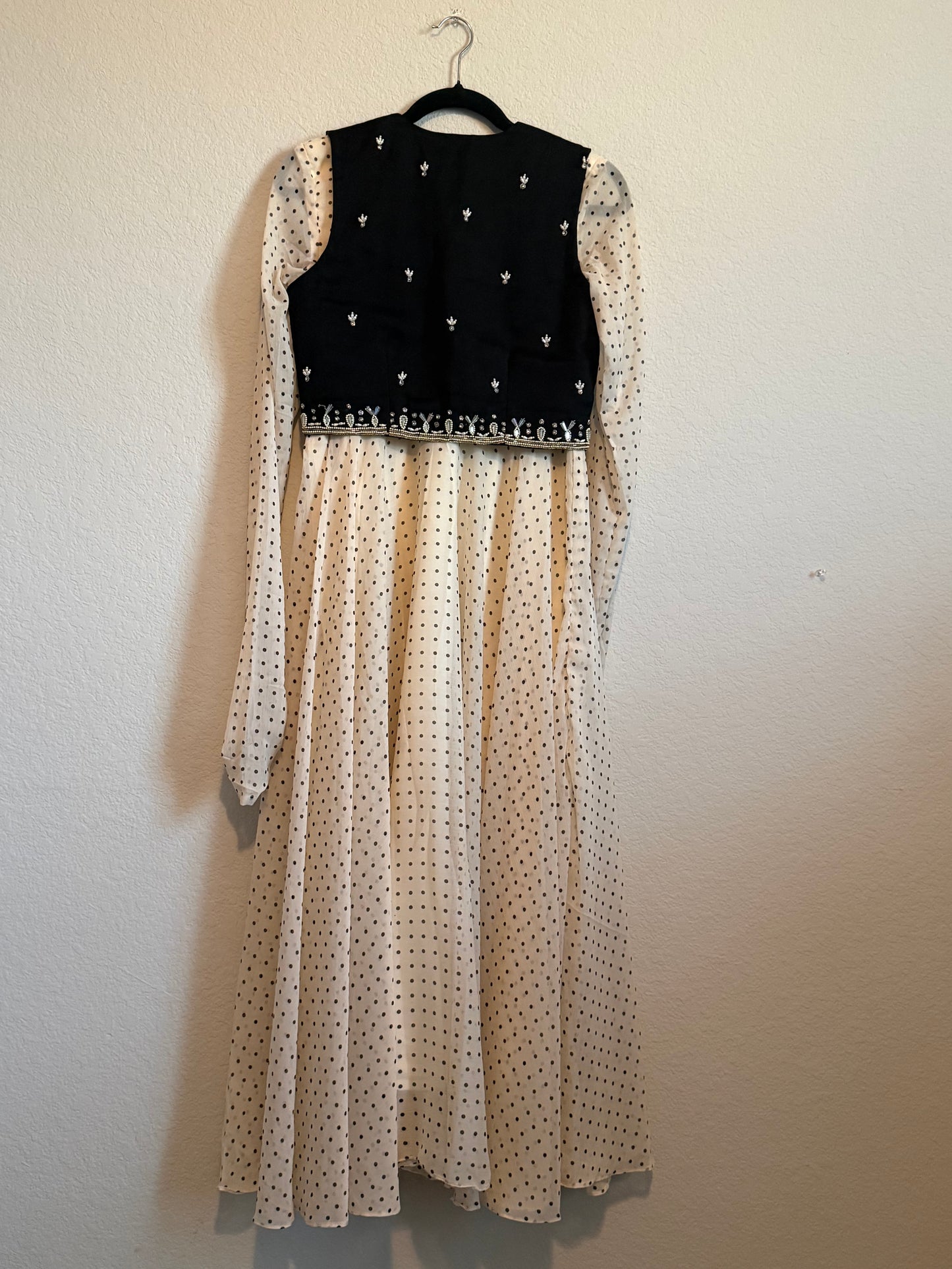 Half White Polka Dot Heavy Flared Georgette Full Sleeve Anarkali with Maggam Work Coat - Top + Dupatta