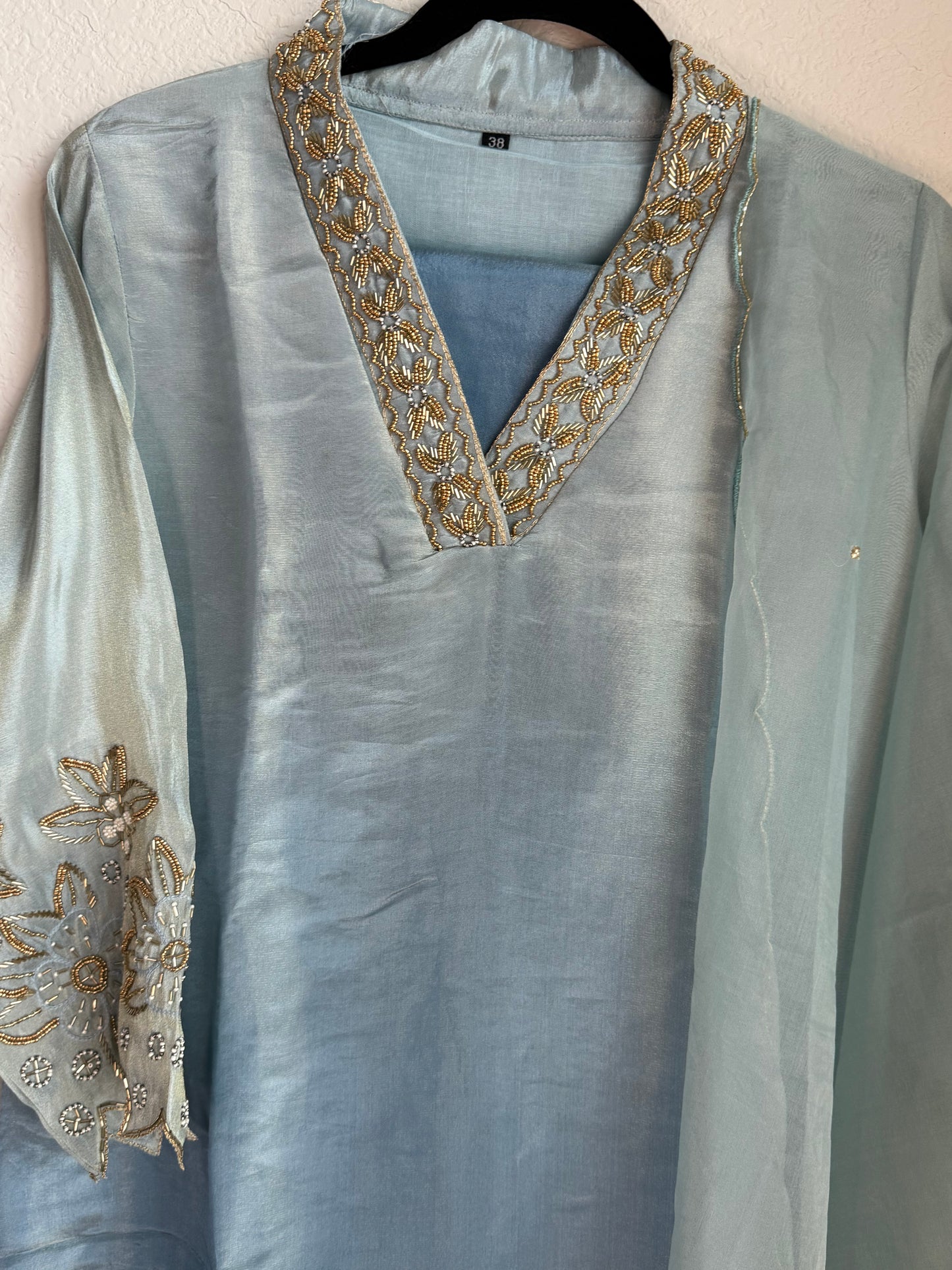 Sea blue pure tissue handwork A-line suit set with a beatiful sleeve detailing