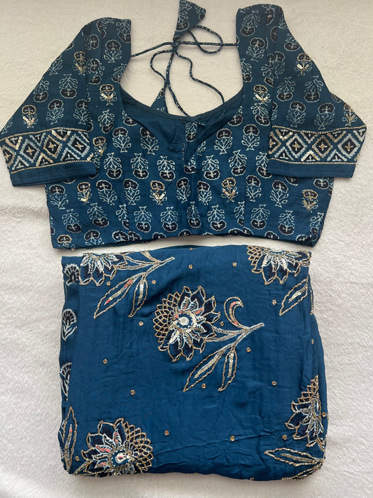 Blue Ajrakh Modal Silk Handwork Saree