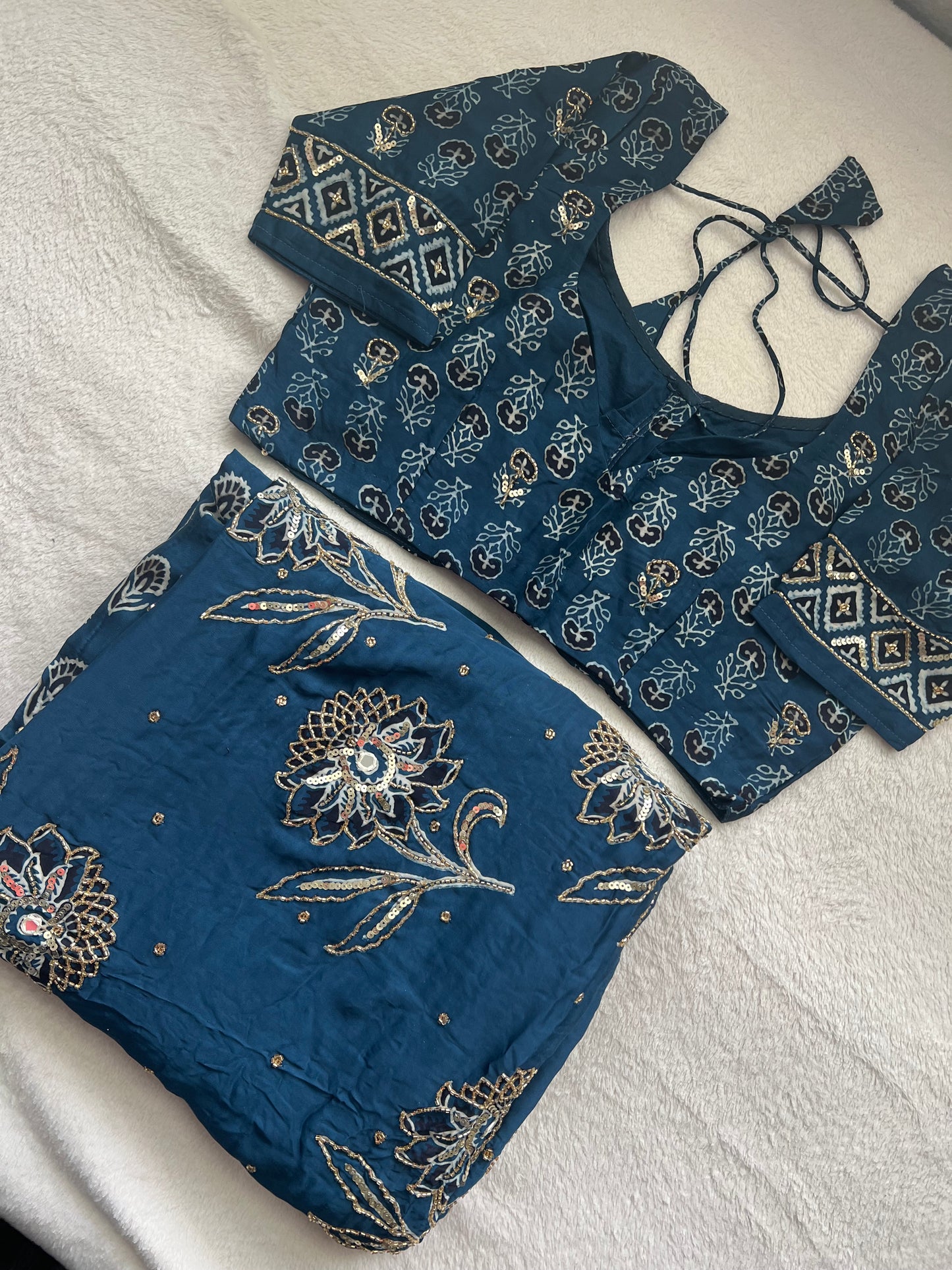 Blue Ajrakh Modal Silk Handwork Saree
