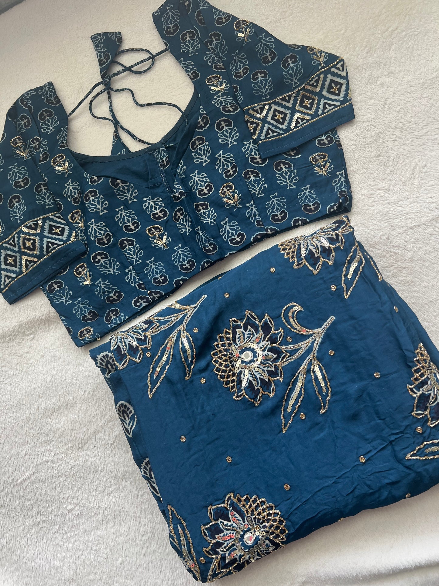 Blue Ajrakh Modal Silk Handwork Saree
