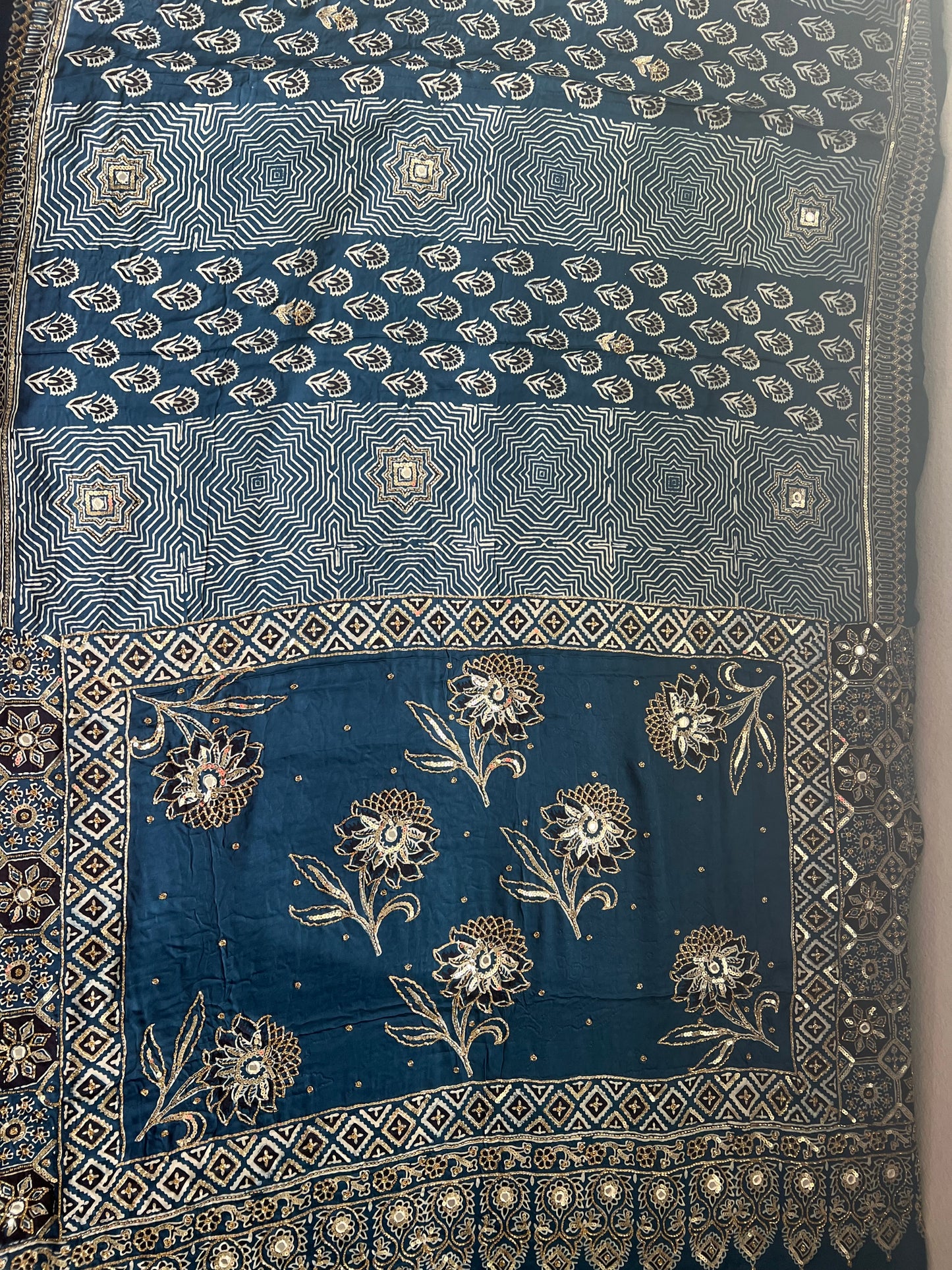 Blue Ajrakh Modal Silk Handwork Saree