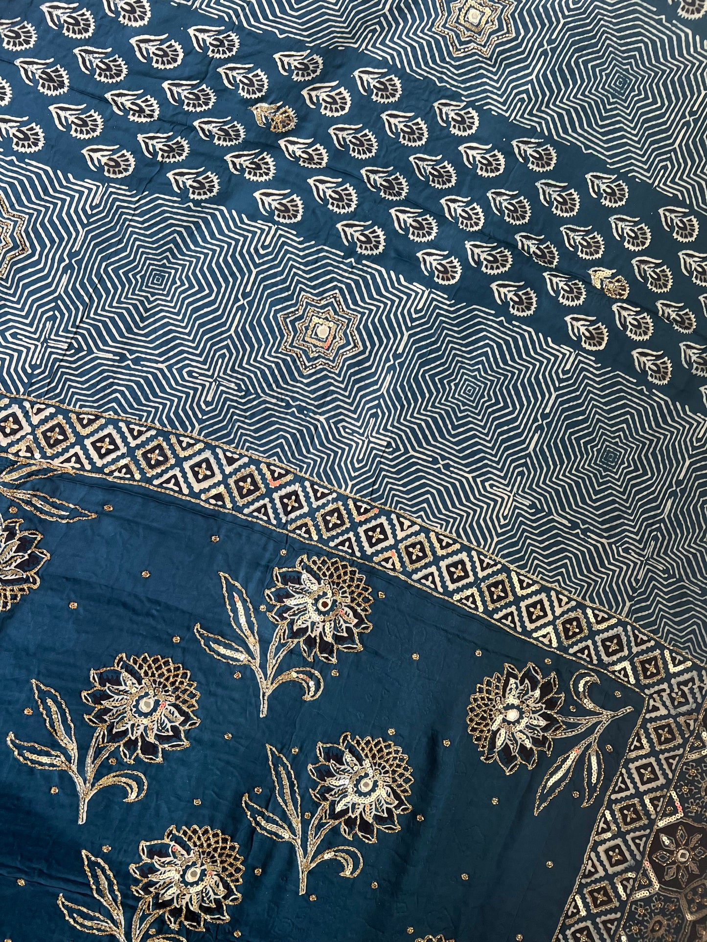 Blue Ajrakh Modal Silk Handwork Saree