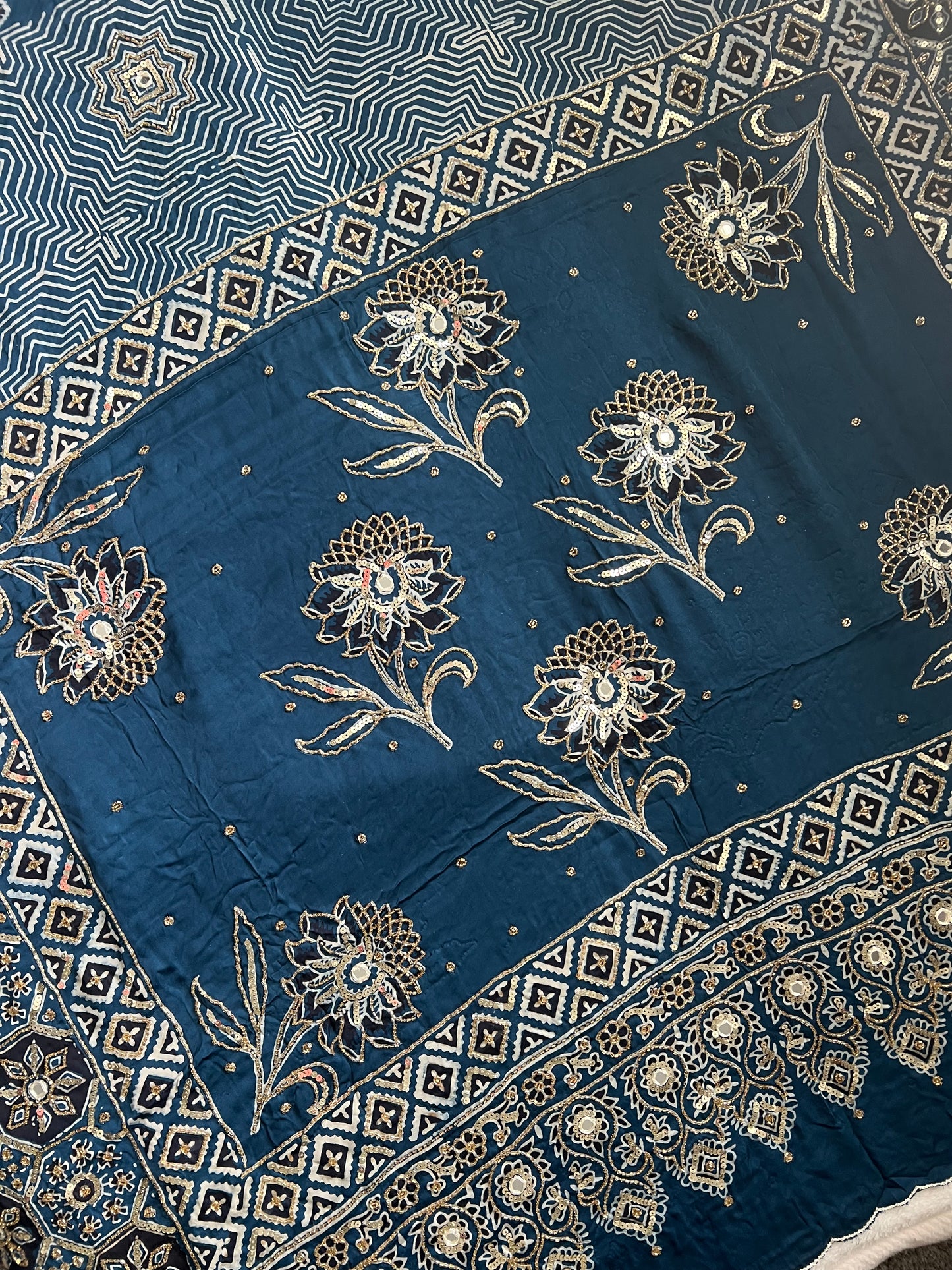 Blue Ajrakh Modal Silk Handwork Saree