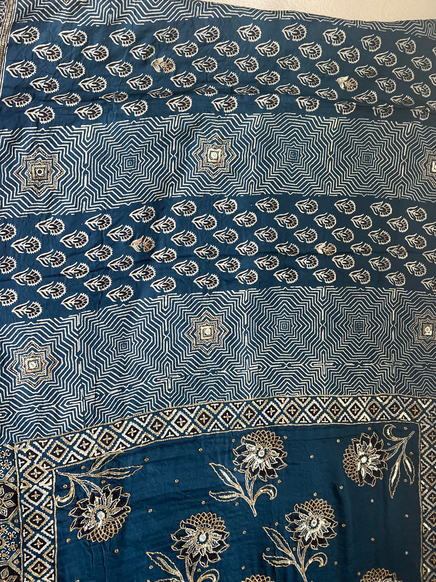 Blue Ajrakh Modal Silk Handwork Saree
