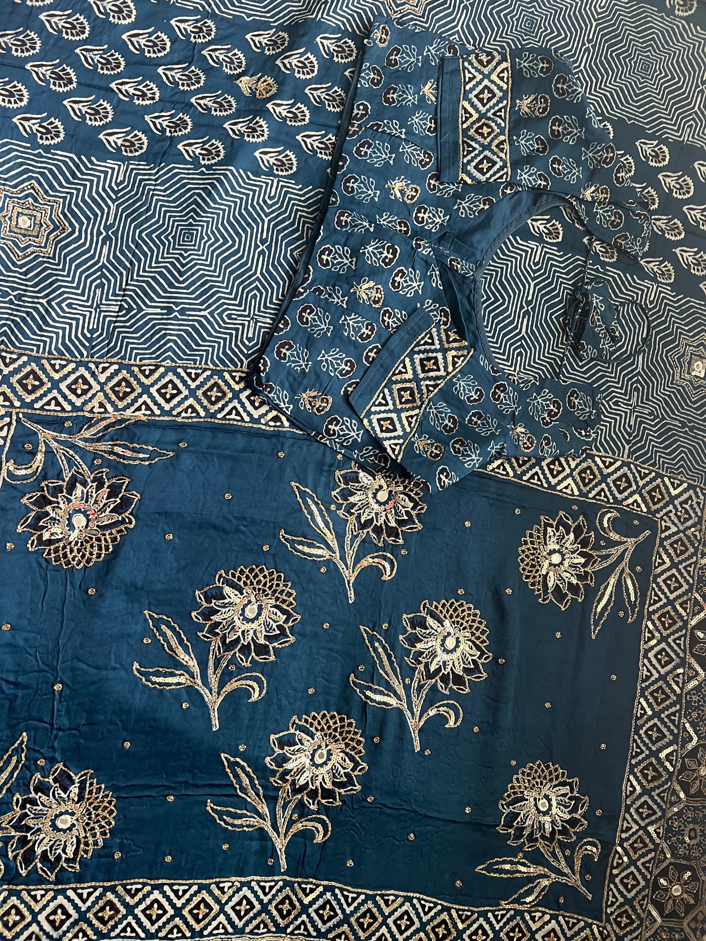 Blue Ajrakh Modal Silk Handwork Saree