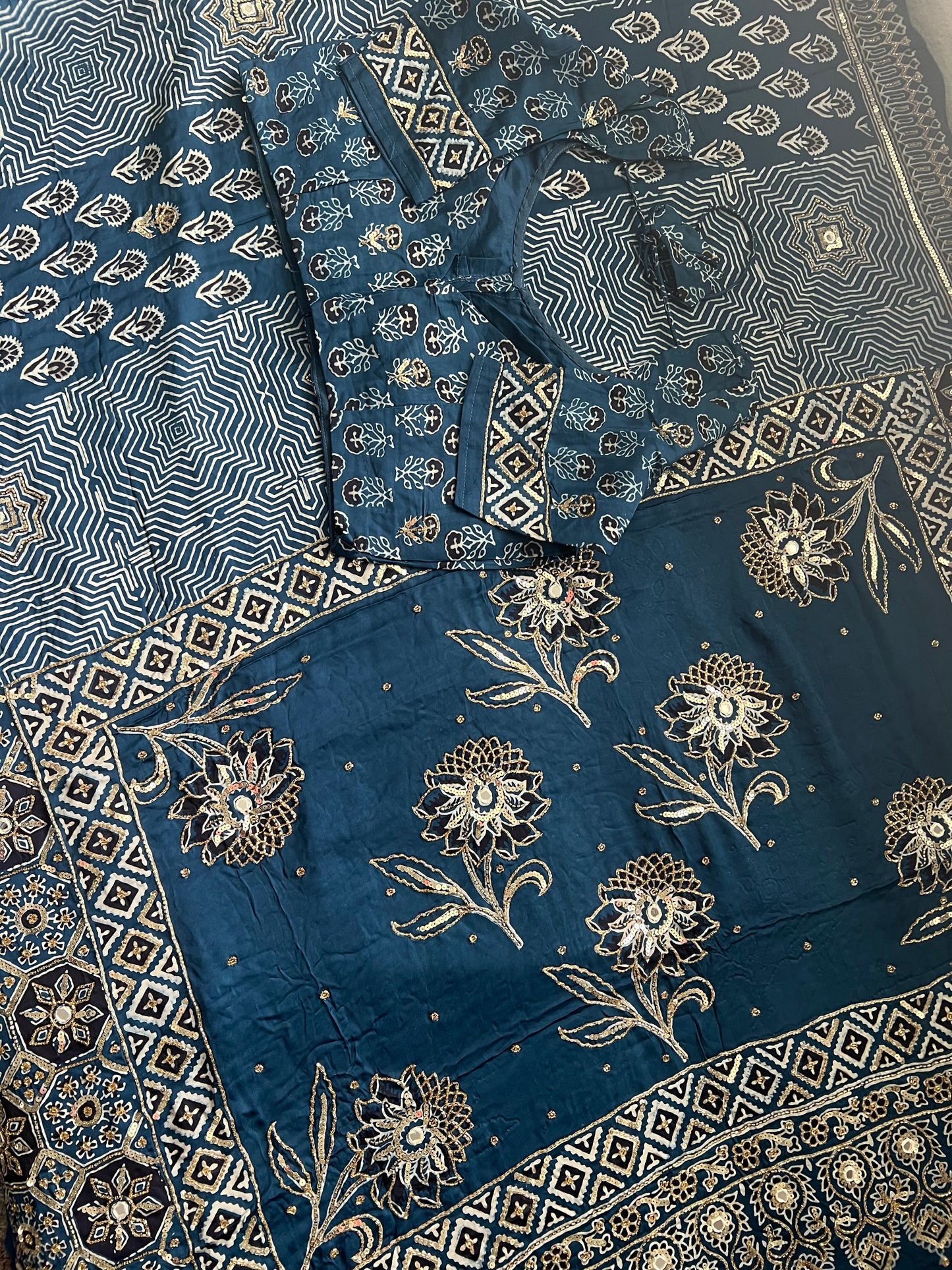 Blue Ajrakh Modal Silk Handwork Saree