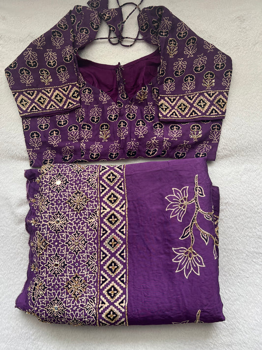 Lavendar Purple Ajrakh Modal Silk Handwork Saree