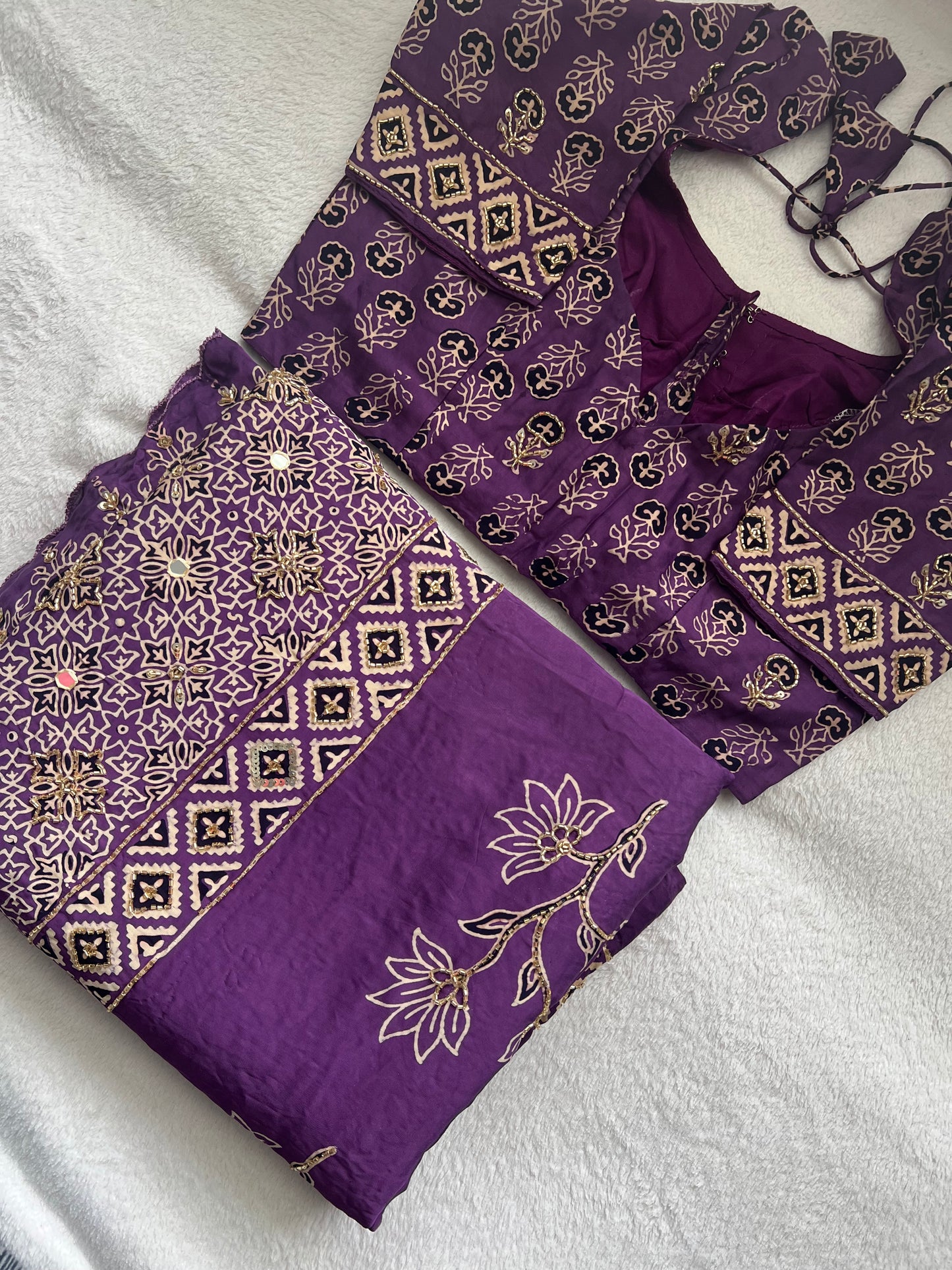 Lavendar Purple Ajrakh Modal Silk Handwork Saree