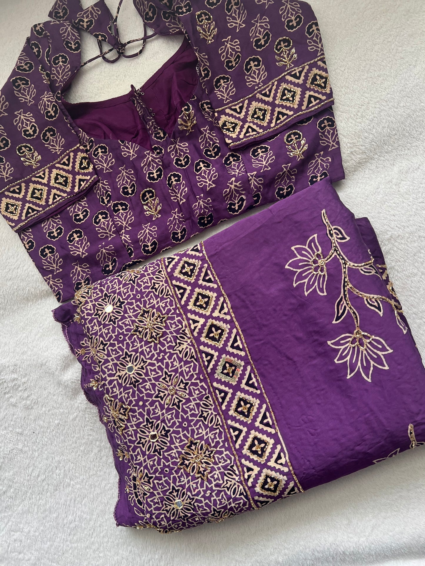 Lavendar Purple Ajrakh Modal Silk Handwork Saree