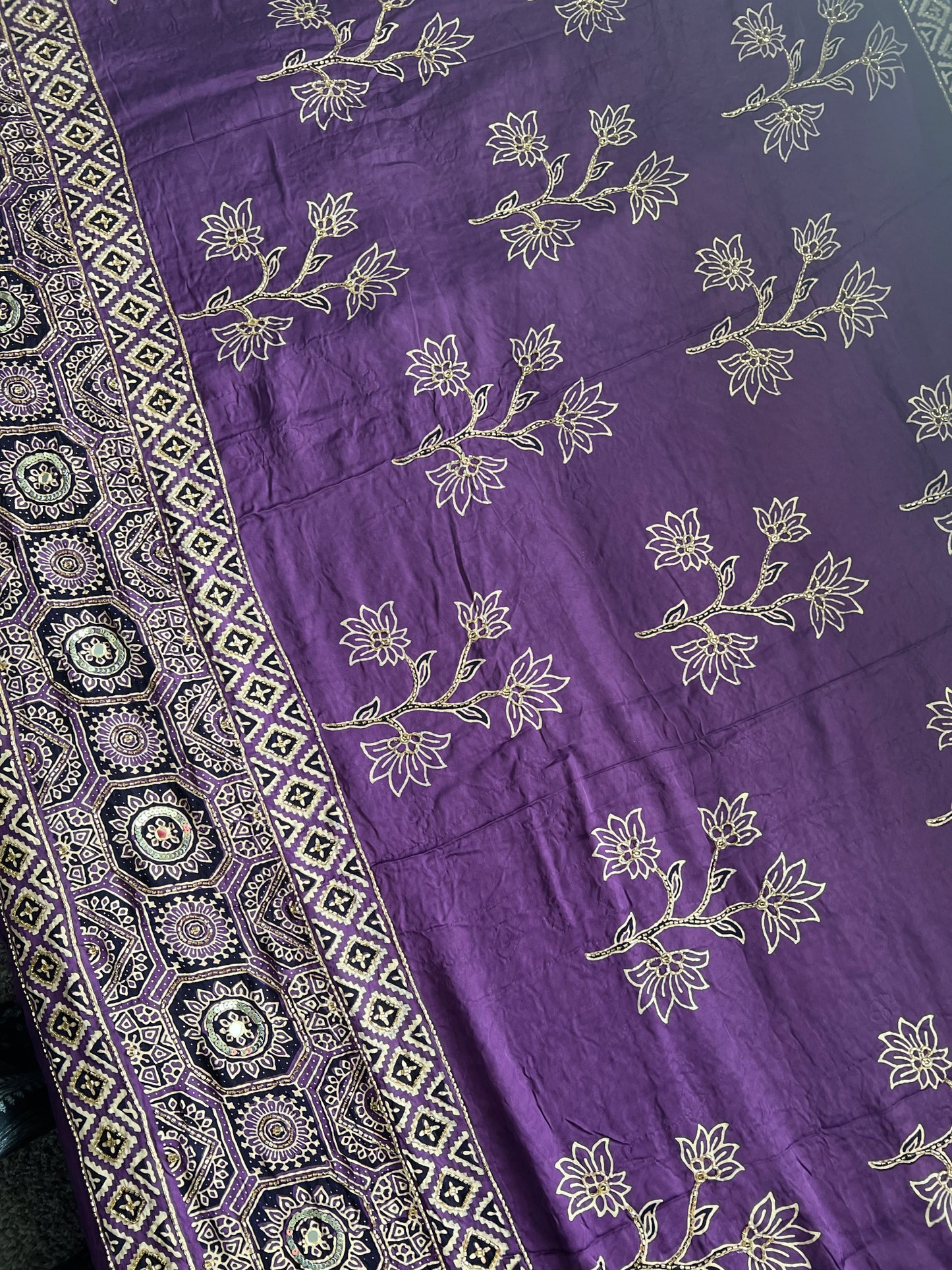 Lavendar Purple Ajrakh Modal Silk Handwork Saree