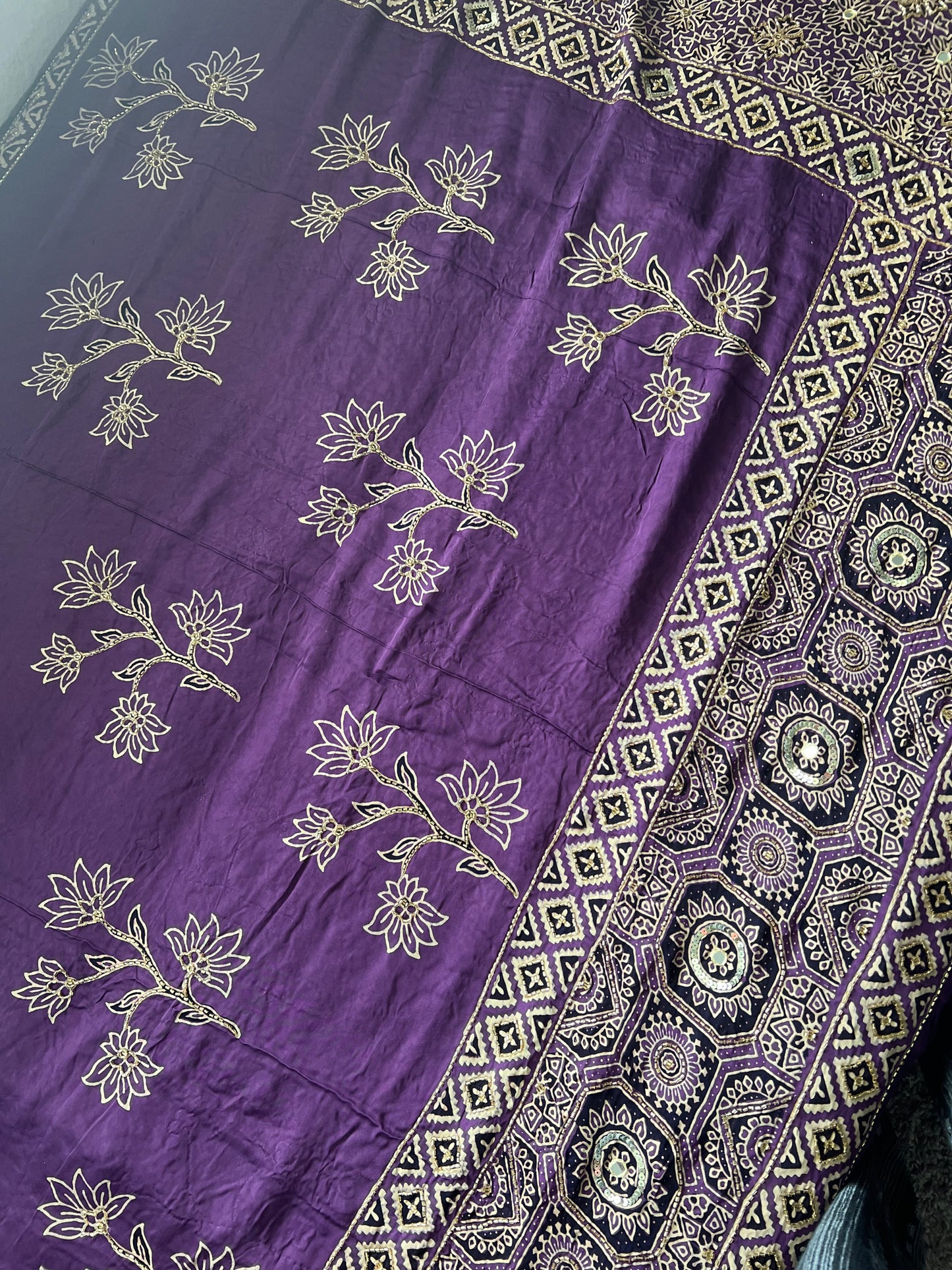 Lavendar Purple Ajrakh Modal Silk Handwork Saree