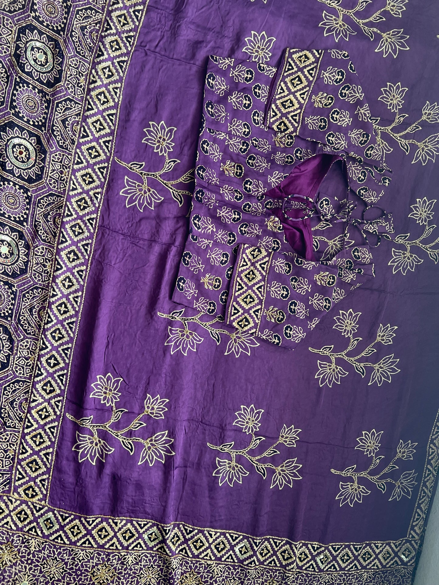 Lavendar Purple Ajrakh Modal Silk Handwork Saree