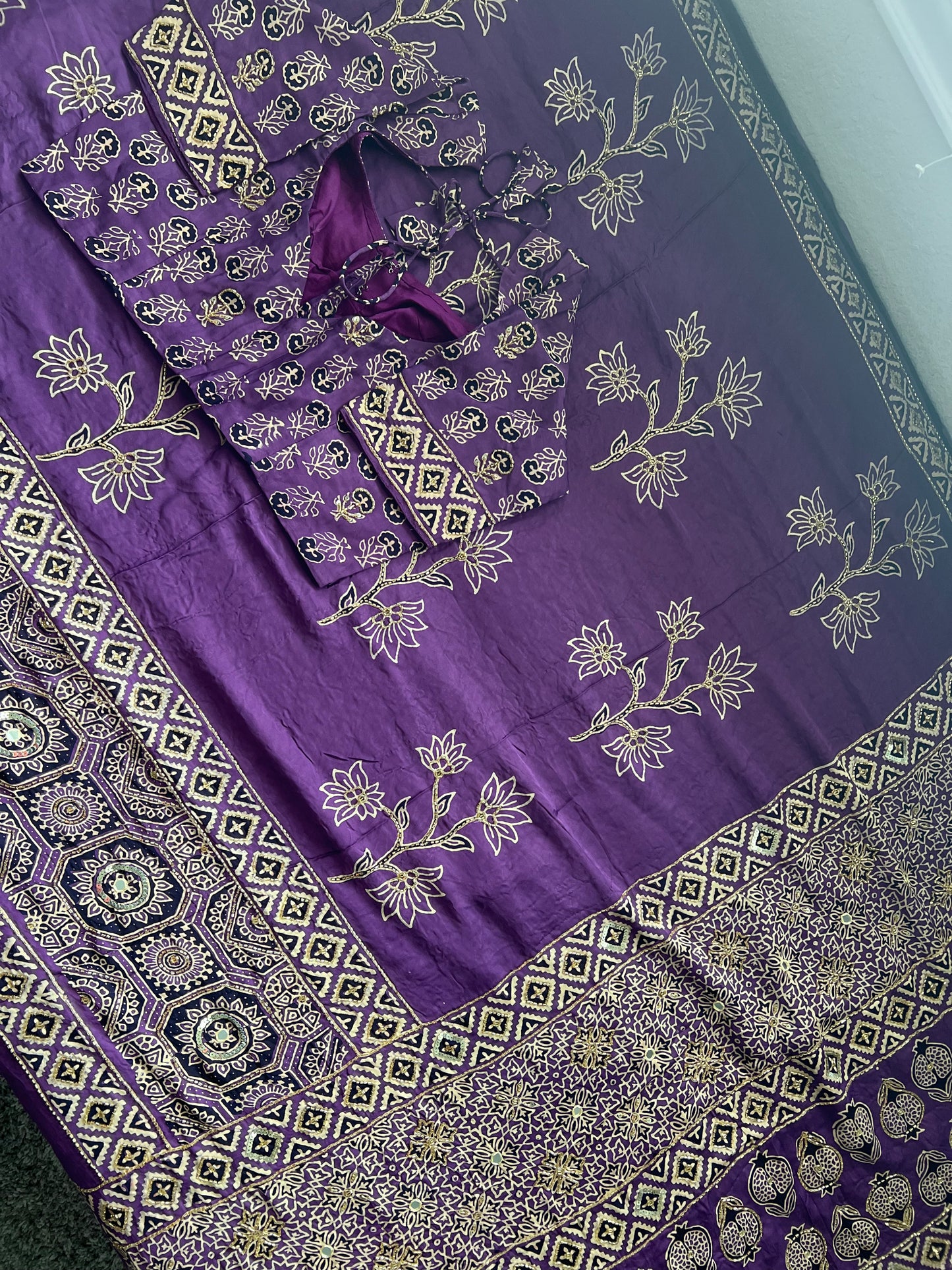 Lavendar Purple Ajrakh Modal Silk Handwork Saree