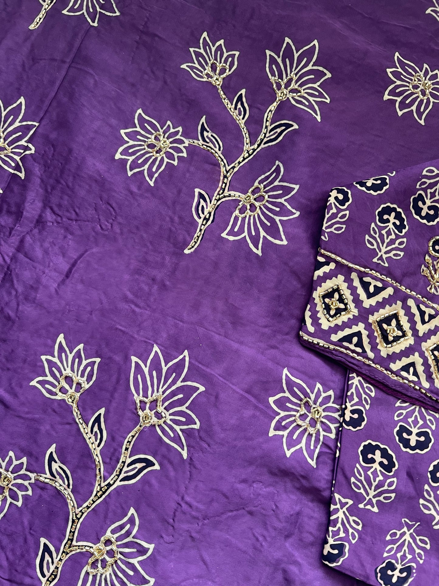 Lavendar Purple Ajrakh Modal Silk Handwork Saree