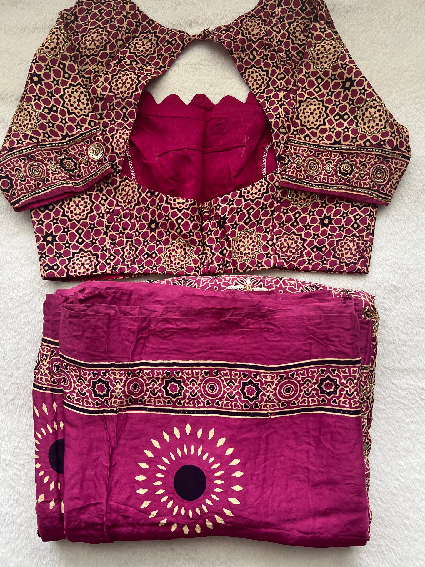 Magenta Pink Ajrakh Modal Silk Handwork Saree