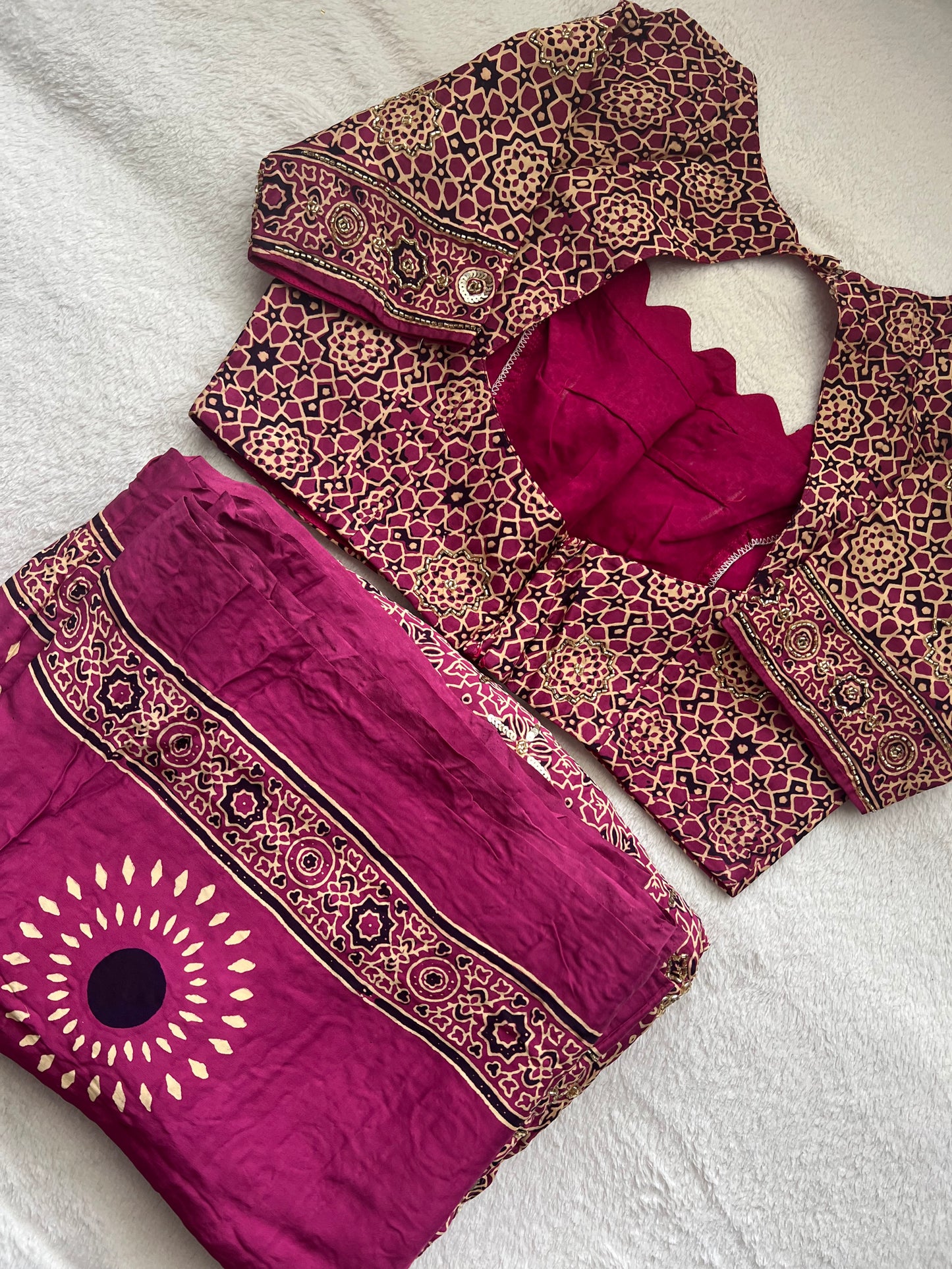 Magenta Pink Ajrakh Modal Silk Handwork Saree