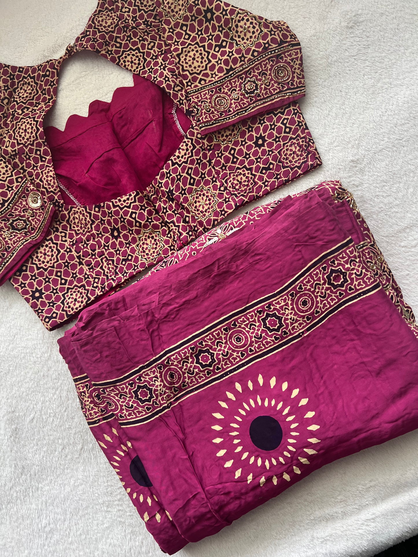 Magenta Pink Ajrakh Modal Silk Handwork Saree