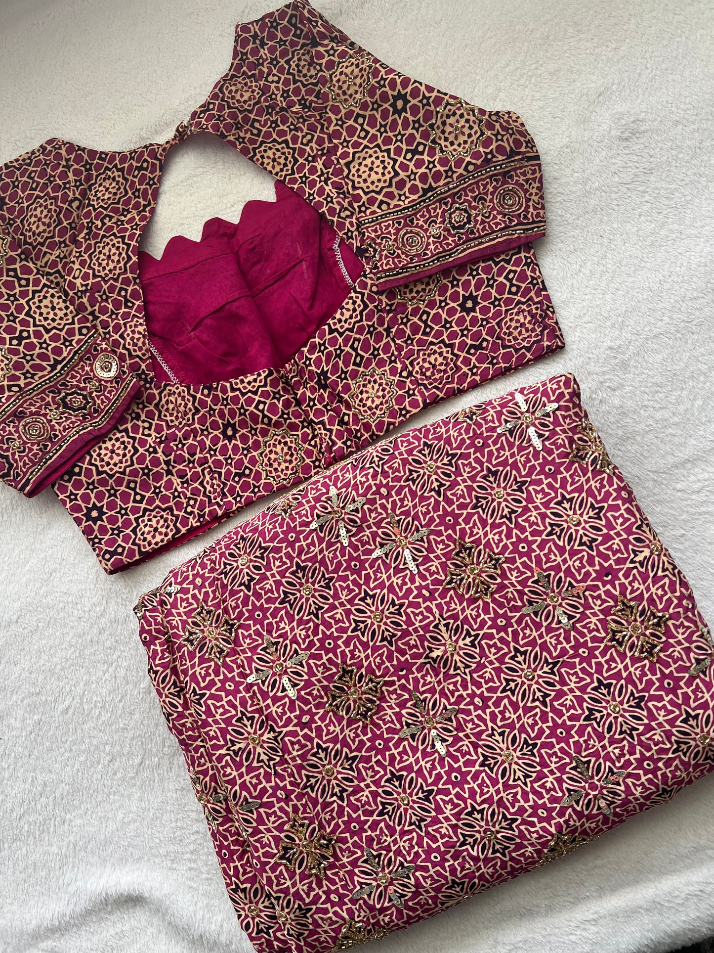 Magenta Pink Ajrakh Modal Silk Handwork Saree