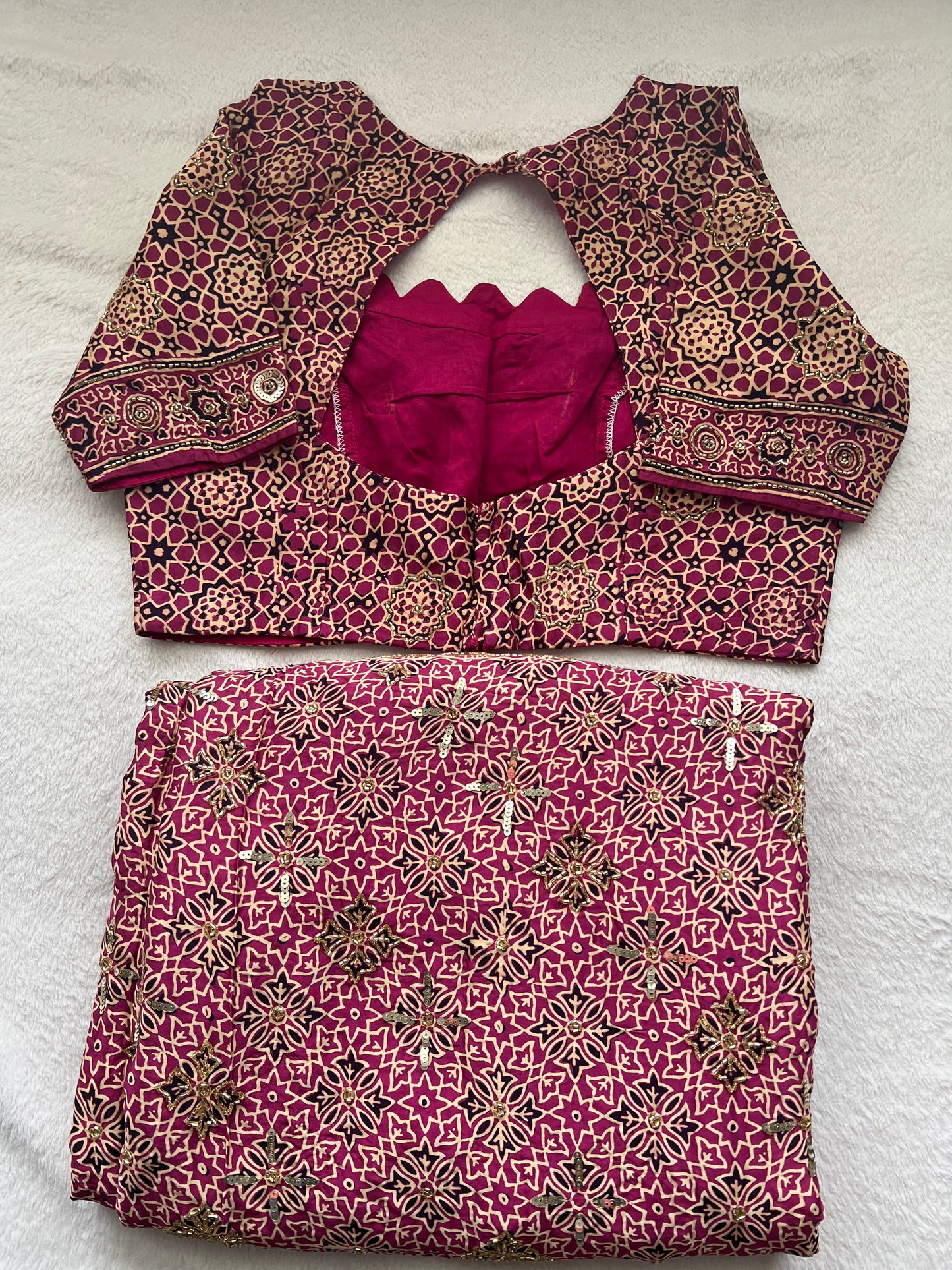 Magenta Pink Ajrakh Modal Silk Handwork Saree