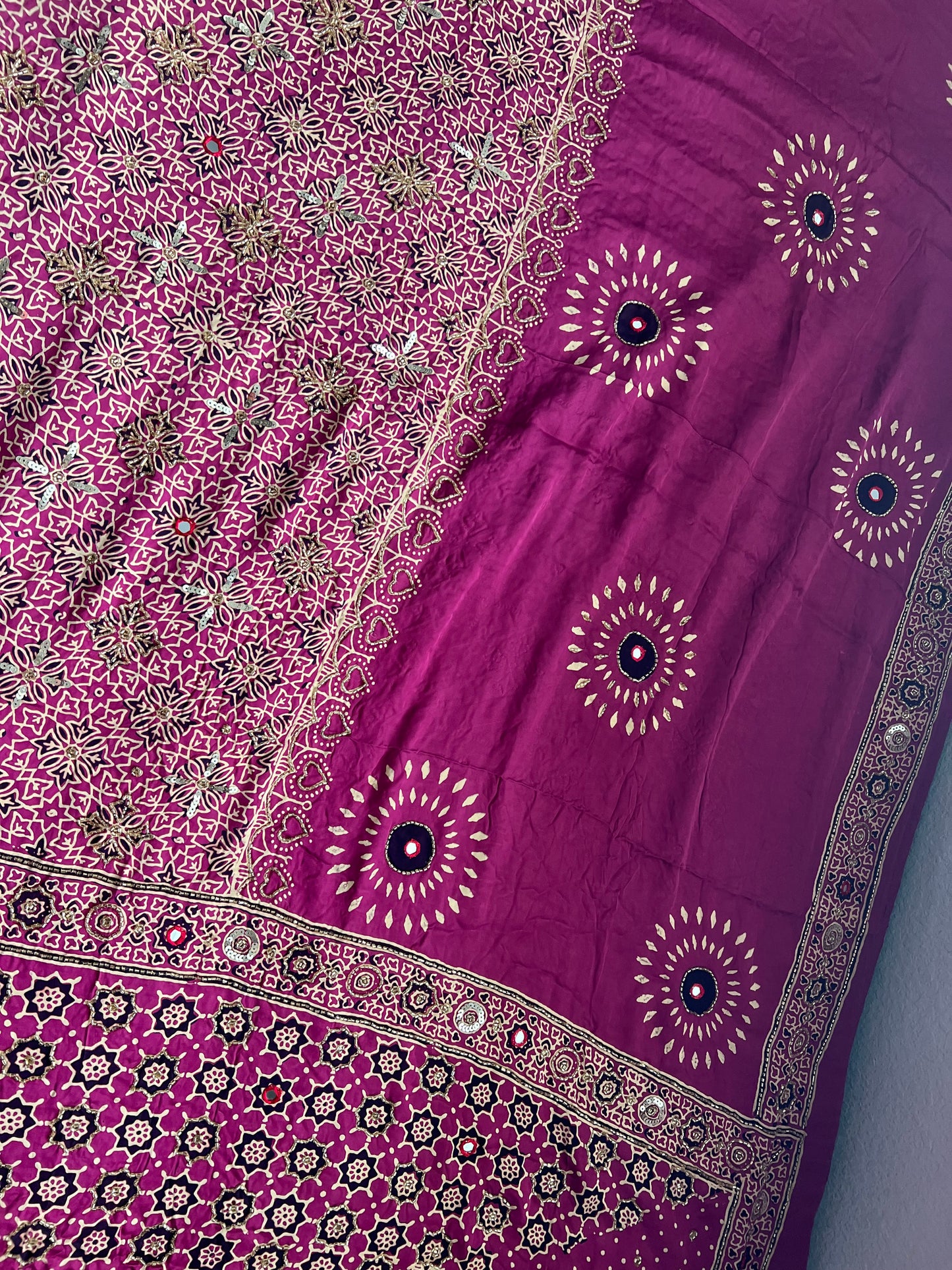 Magenta Pink Ajrakh Modal Silk Handwork Saree