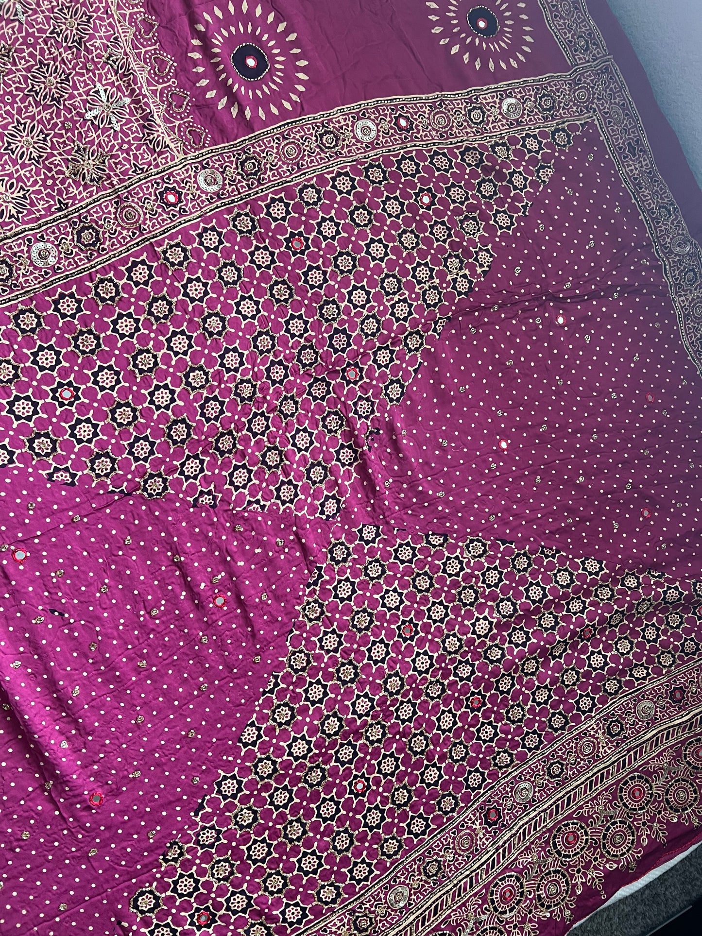 Magenta Pink Ajrakh Modal Silk Handwork Saree