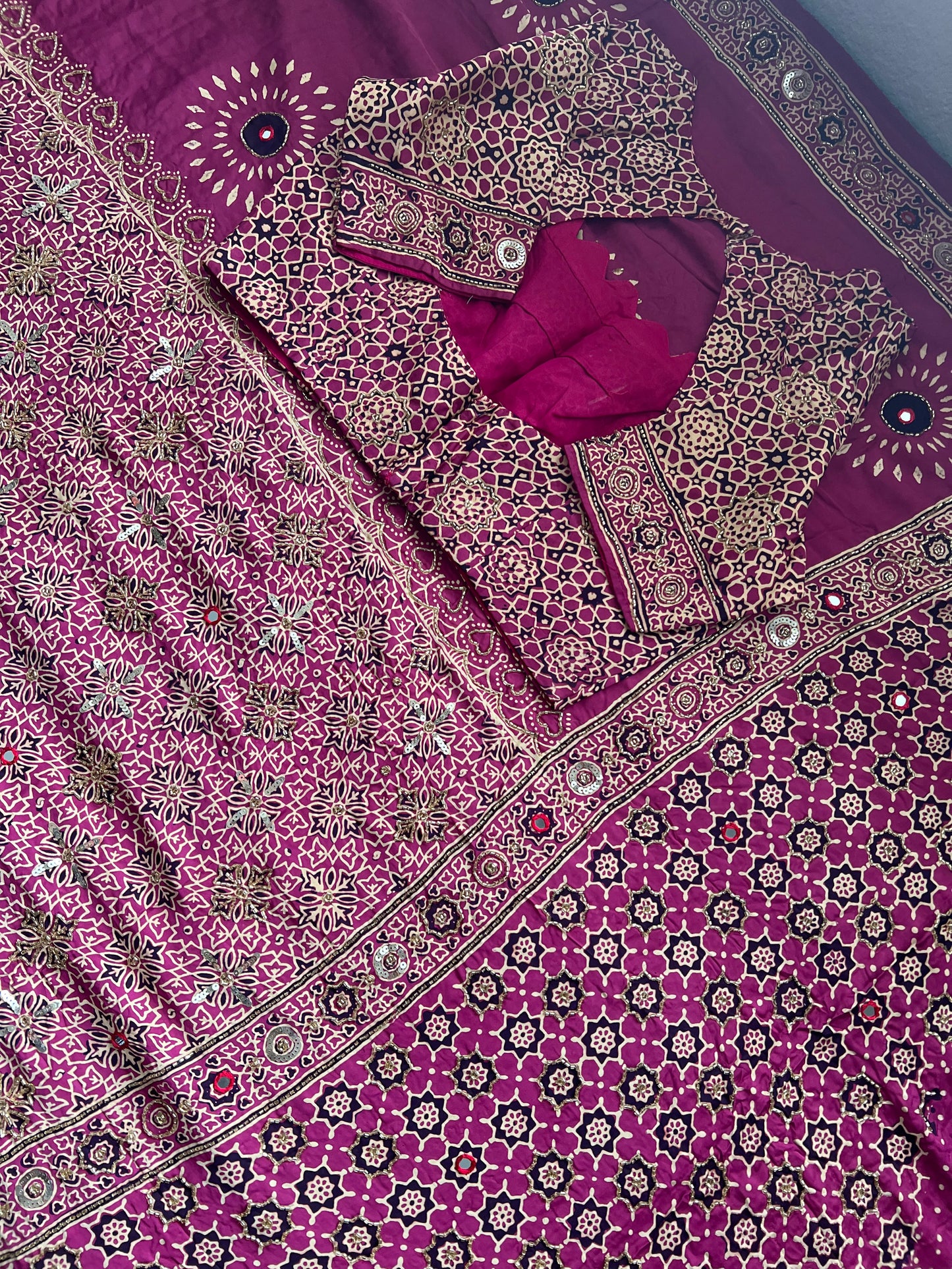 Magenta Pink Ajrakh Modal Silk Handwork Saree