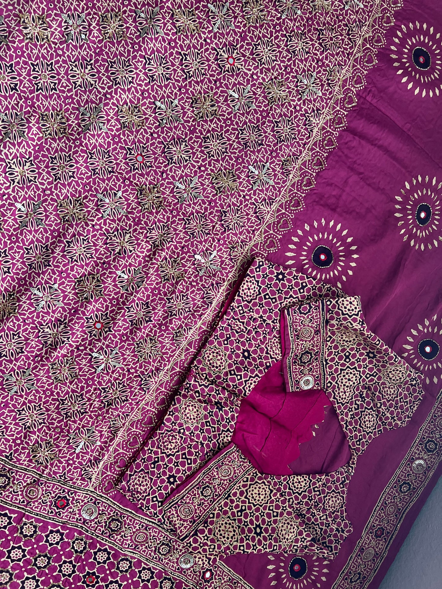 Magenta Pink Ajrakh Modal Silk Handwork Saree