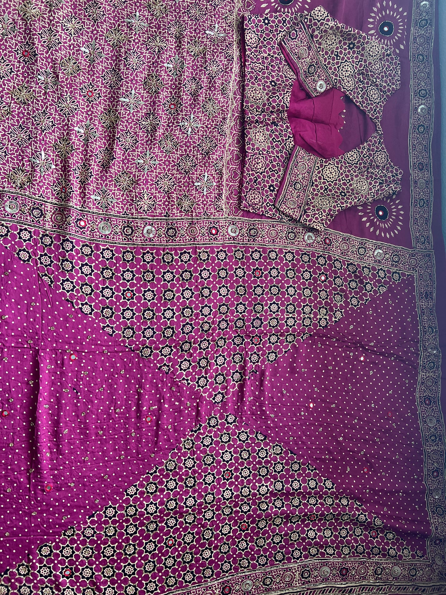 Magenta Pink Ajrakh Modal Silk Handwork Saree