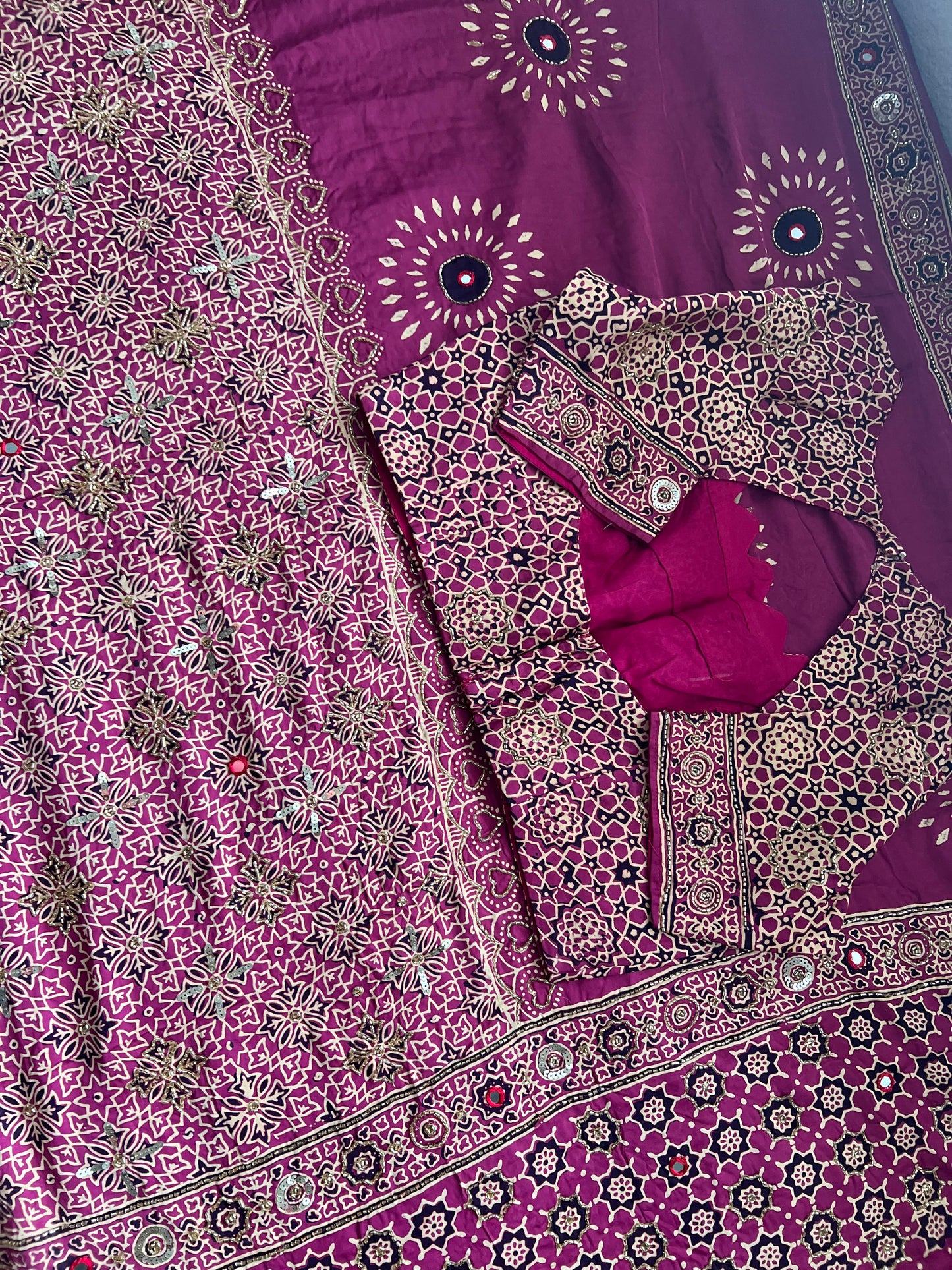 Magenta Pink Ajrakh Modal Silk Handwork Saree