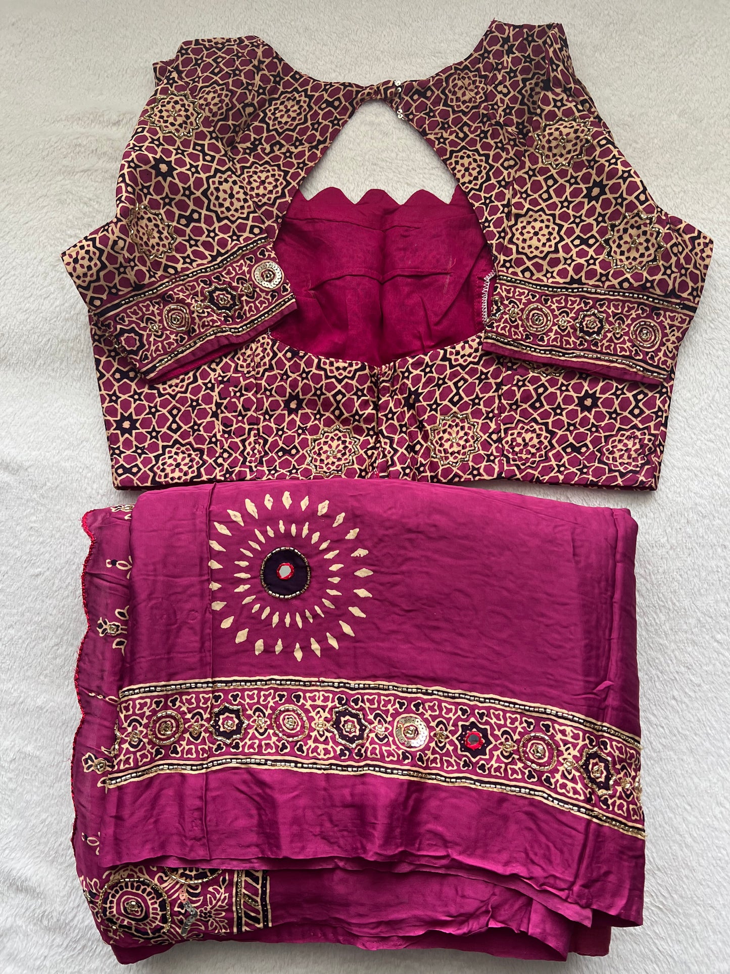 Magenta Pink Ajrakh Modal Silk Handwork Saree