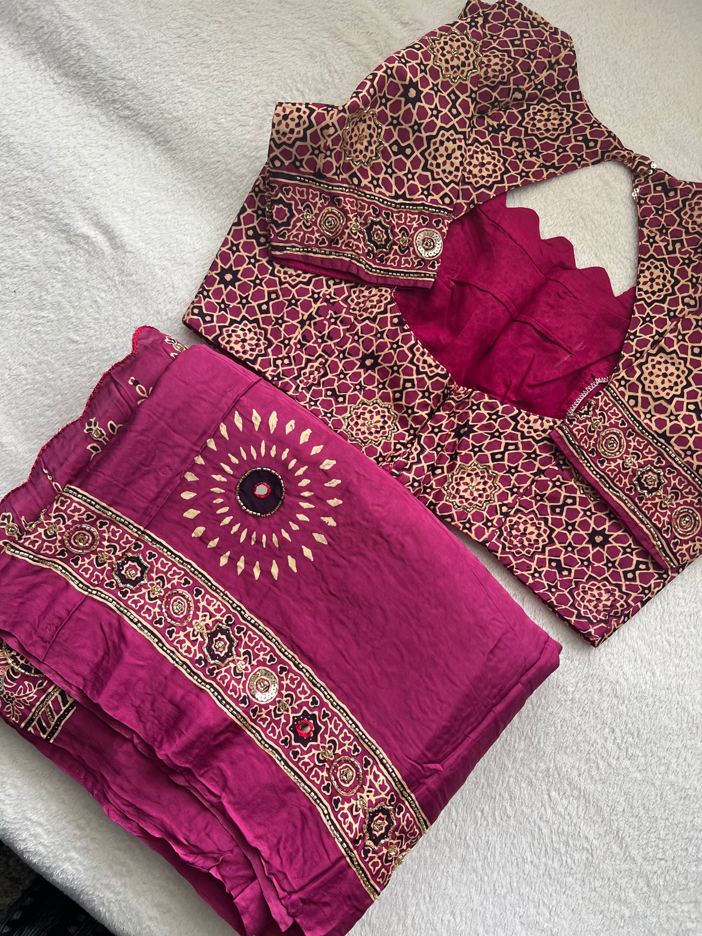 Magenta Pink Ajrakh Modal Silk Handwork Saree