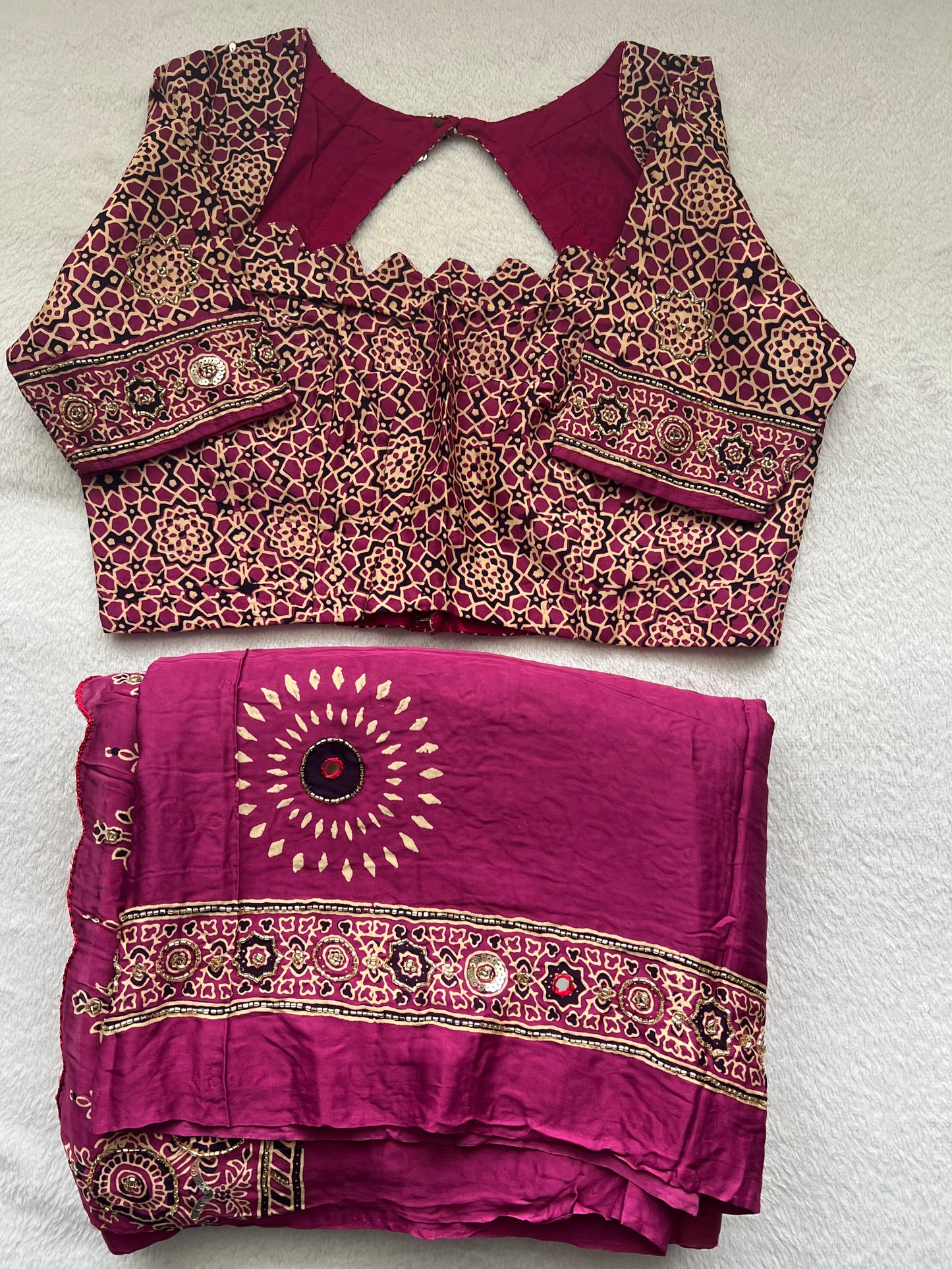 Magenta Pink Ajrakh Modal Silk Handwork Saree