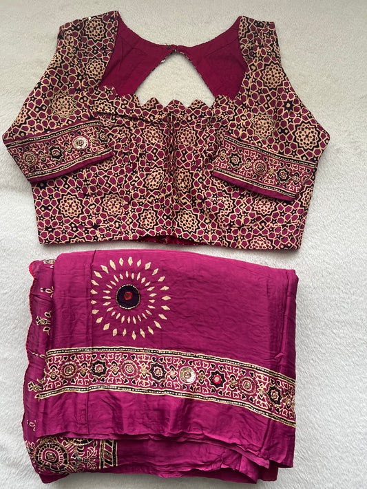 Magenta Pink Ajrakh Modal Silk Handwork Saree