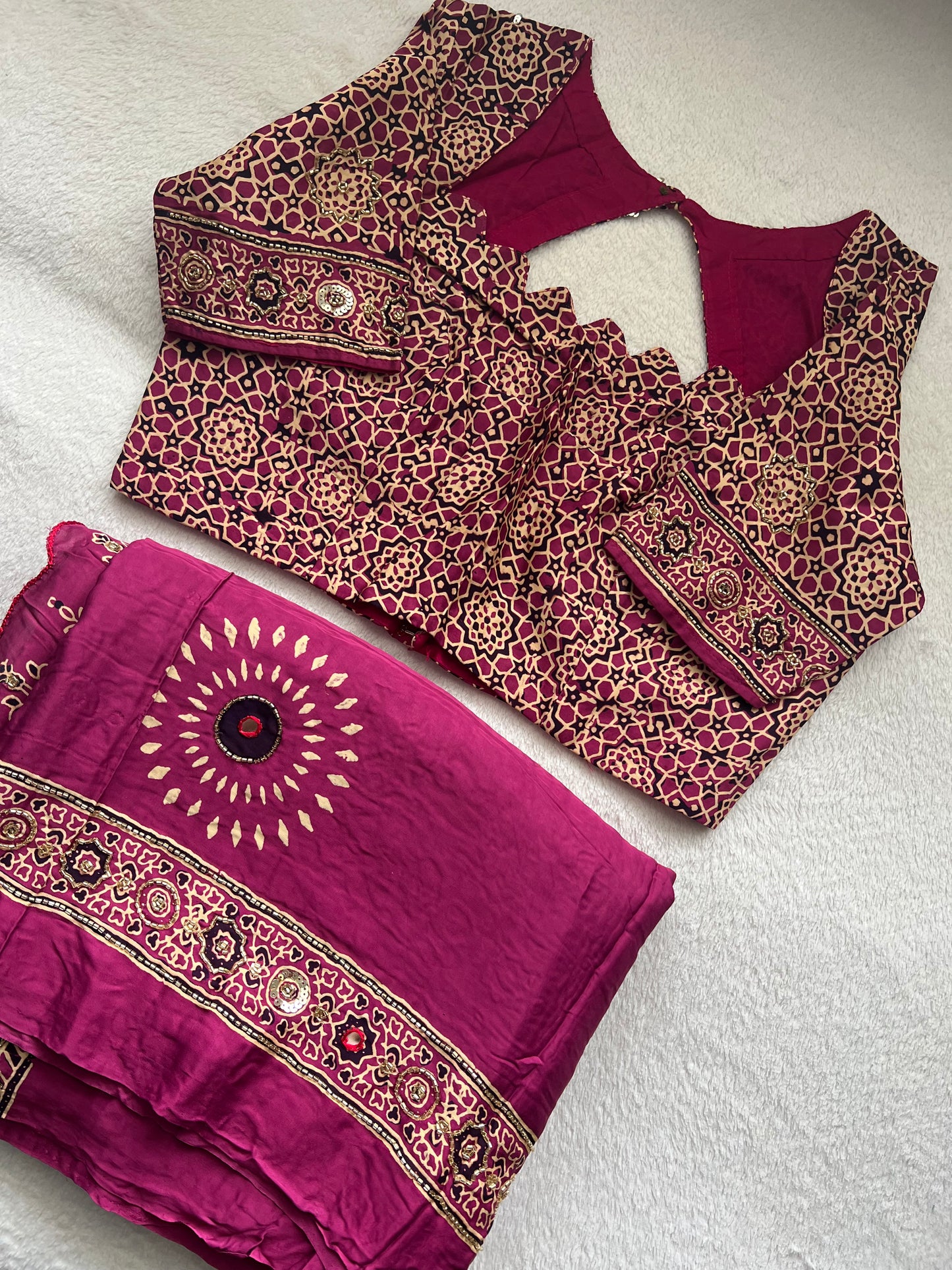 Magenta Pink Ajrakh Modal Silk Handwork Saree