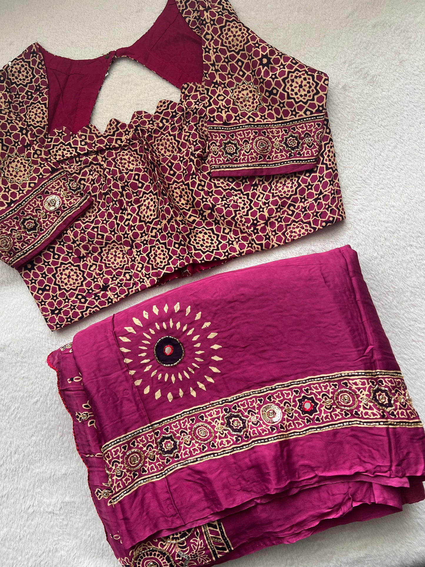 Magenta Pink Ajrakh Modal Silk Handwork Saree