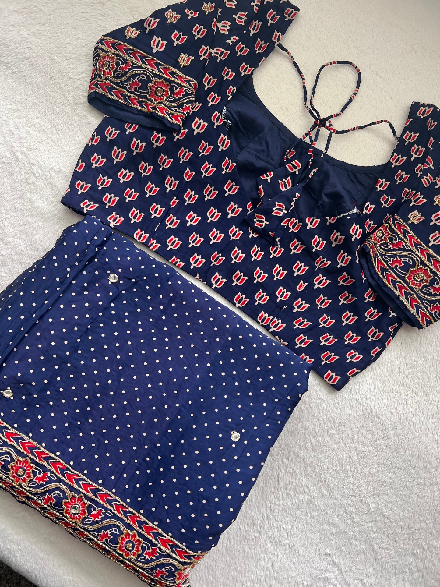 Navy Blue Ajrakh Modal Silk Handwork Saree
