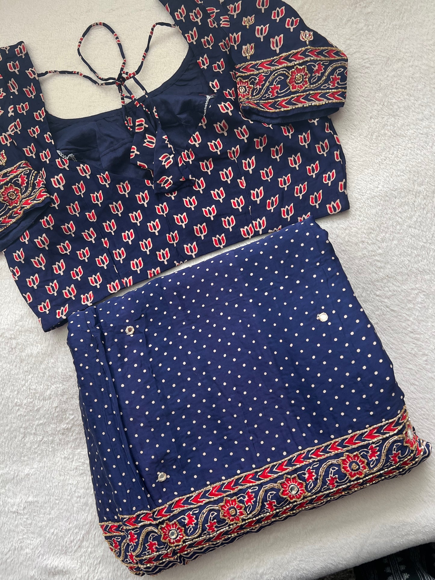 Navy Blue Ajrakh Modal Silk Handwork Saree
