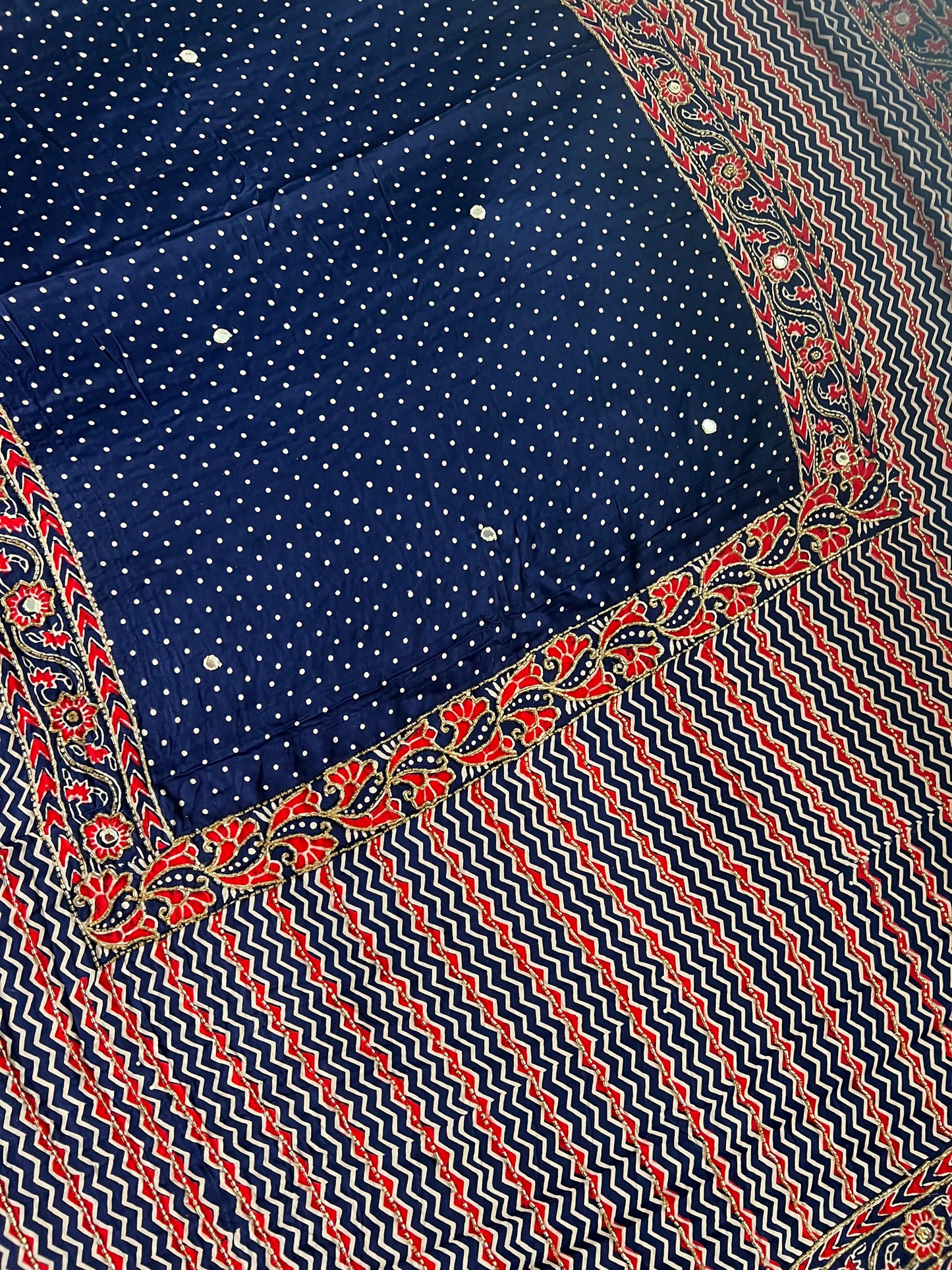 Navy Blue Ajrakh Modal Silk Handwork Saree