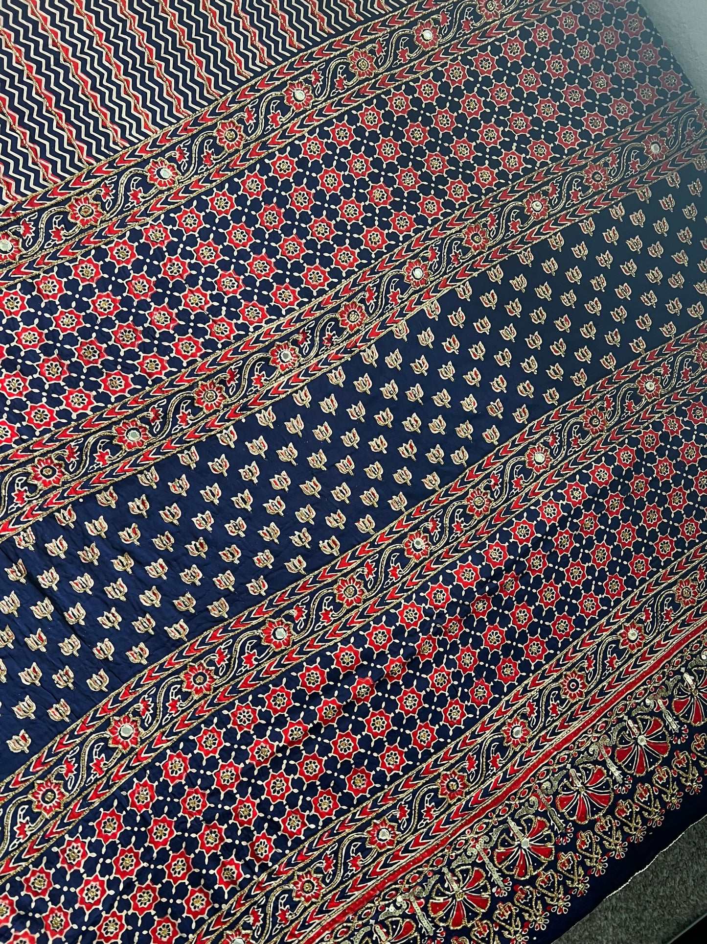 Navy Blue Ajrakh Modal Silk Handwork Saree