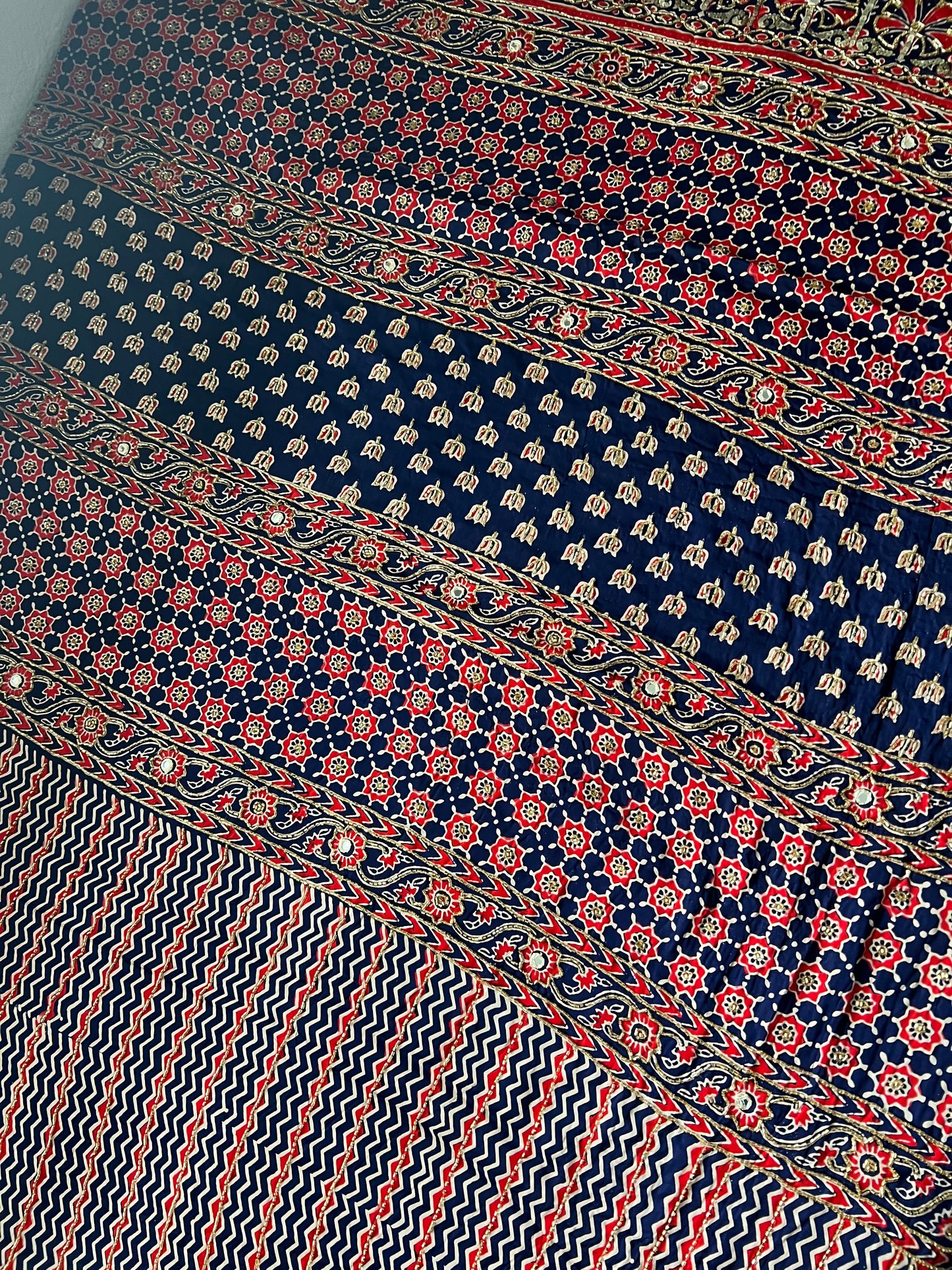 Navy Blue Ajrakh Modal Silk Handwork Saree