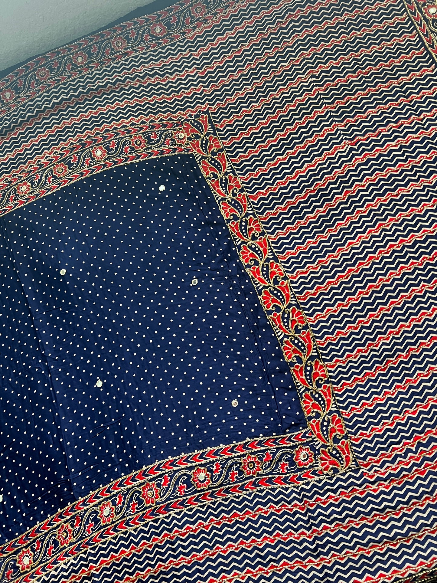 Navy Blue Ajrakh Modal Silk Handwork Saree