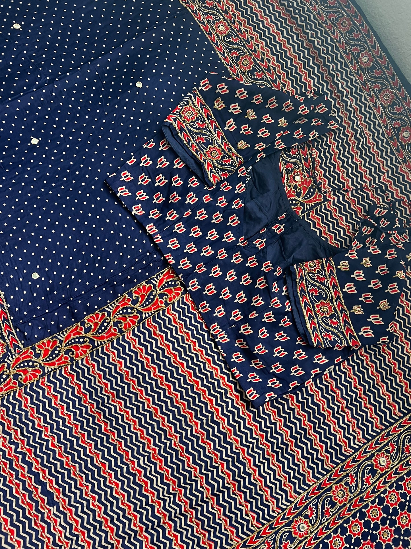 Navy Blue Ajrakh Modal Silk Handwork Saree
